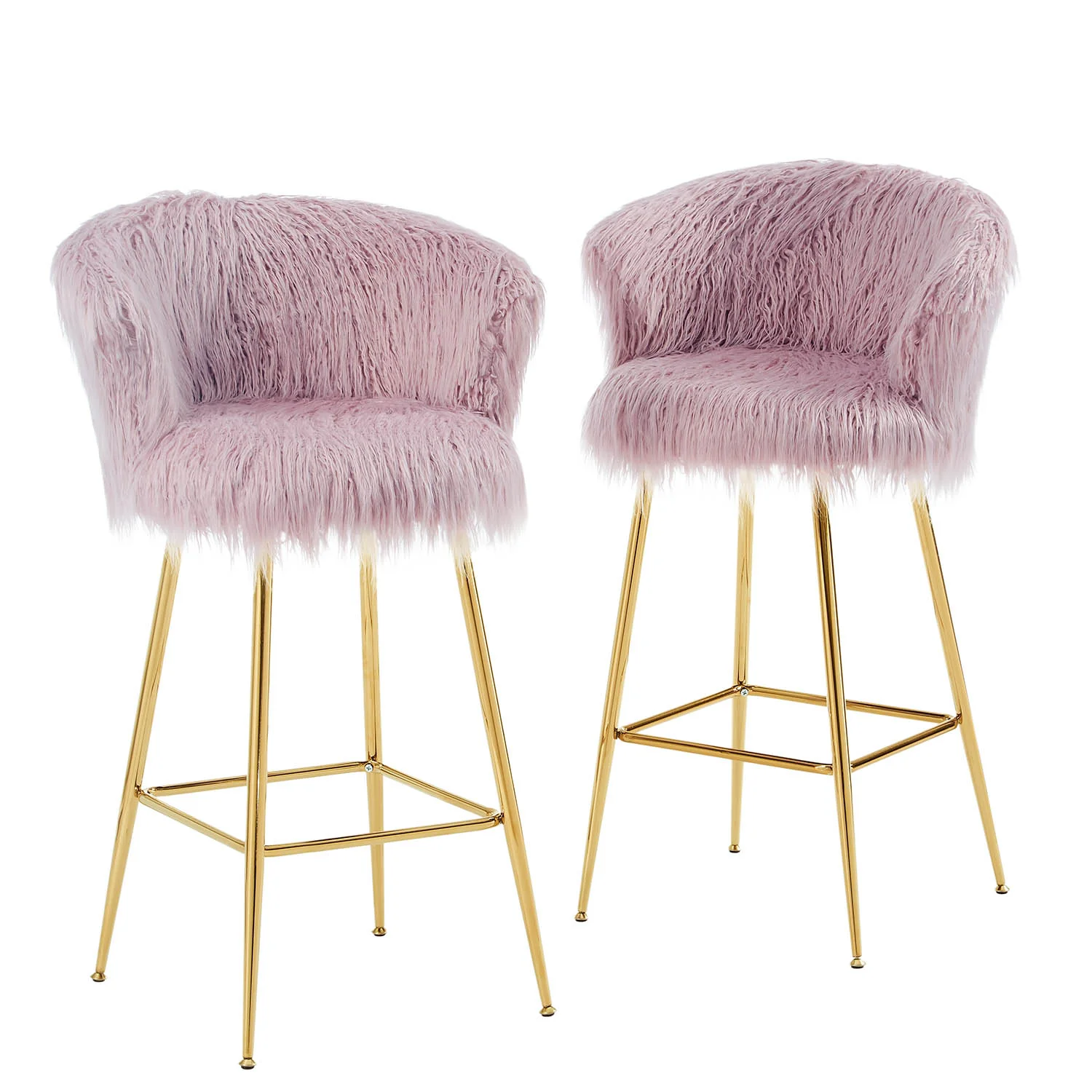 Kylie Set of 2 Pink Plush Shaggy Faux Fur Bar Stools - Image 5