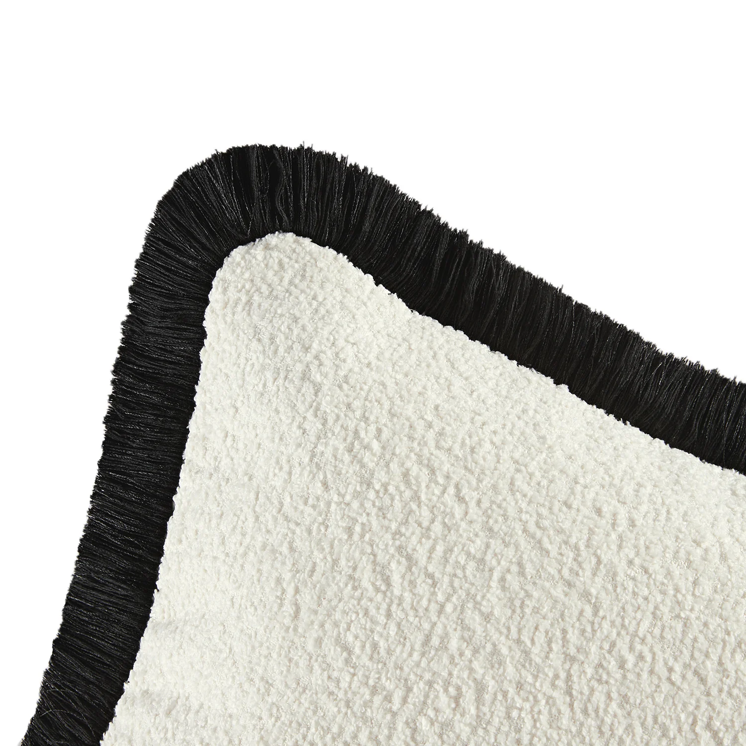Kyra Cream White Bouclé Black Fringed Cushion - Image 3