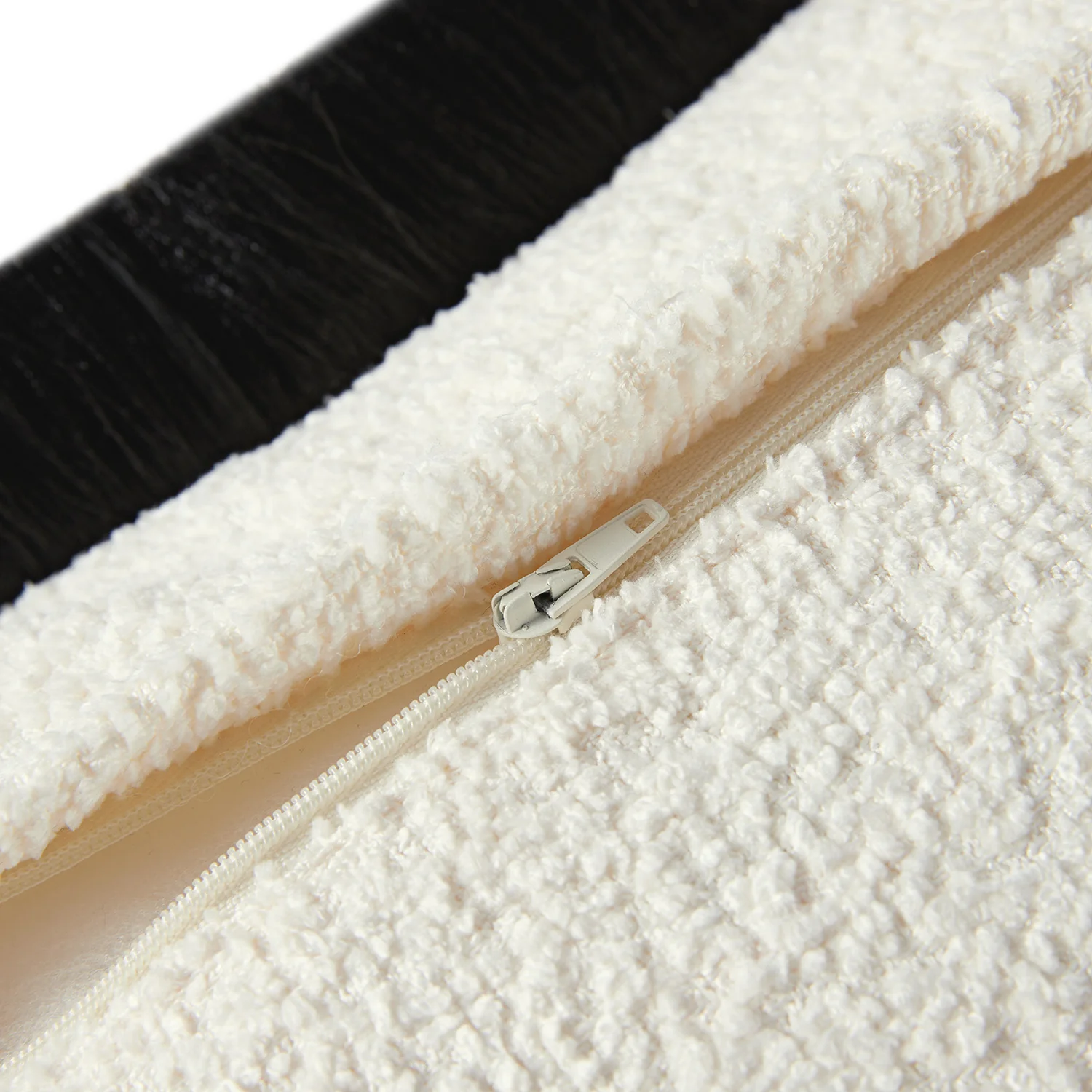 Kyra Cream White Bouclé Black Fringed Cushion - Image 4