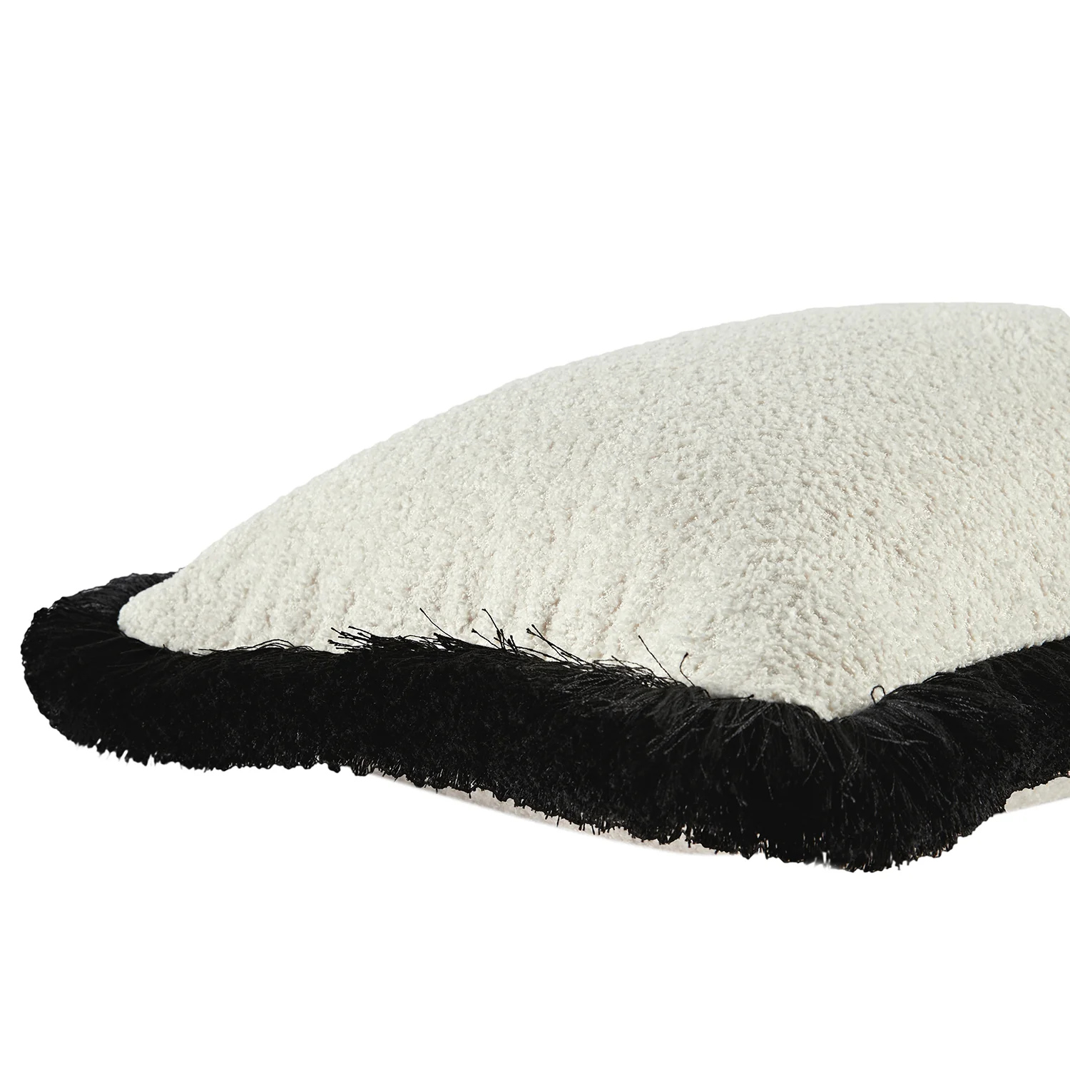 Kyra Cream White Bouclé Black Fringed Rectangular Cushion - Image 2