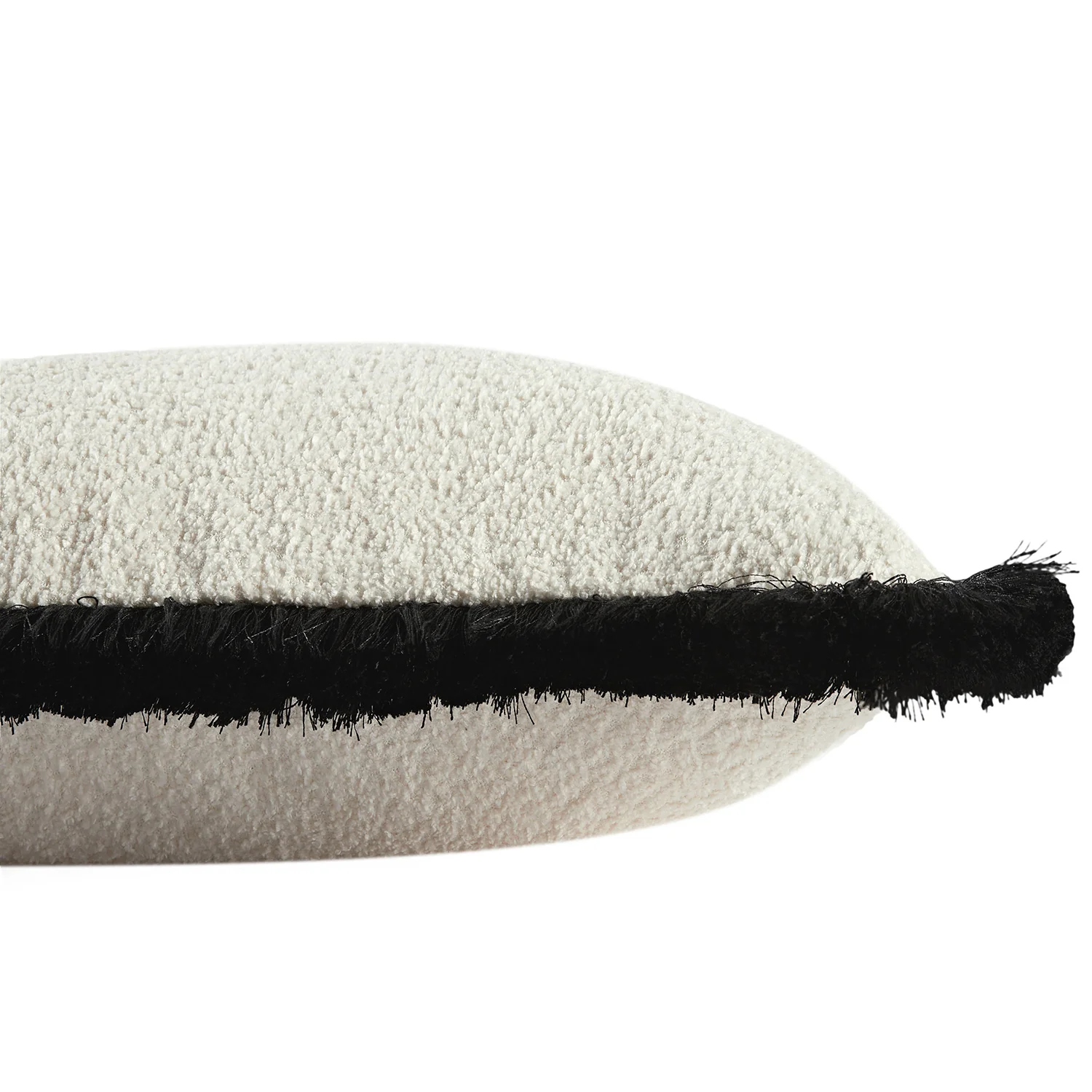 Kyra Cream White Bouclé Black Fringed Rectangular Cushion - Image 3