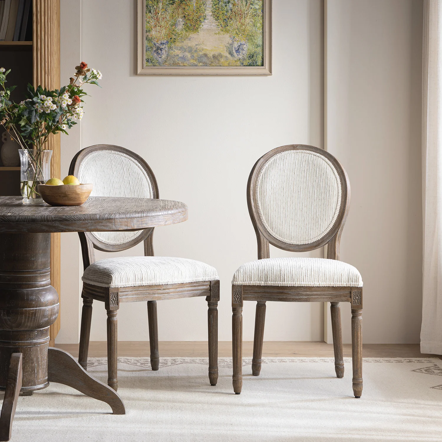 Lainston Set of 2 Classic Weathered Oak Dining Chairs, Beige Textured Fabric - Image 2