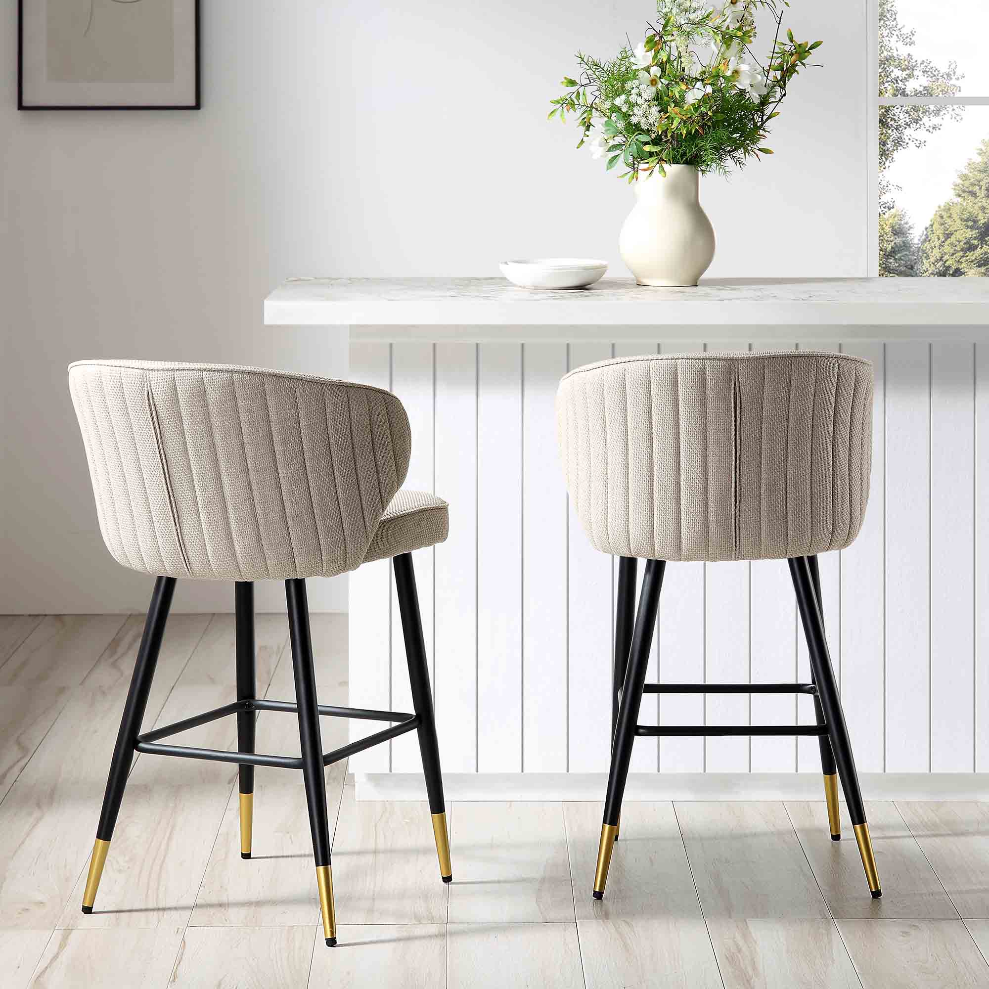 Langham Set of 2 Oatmeal Woven Fabric Upholstered Carver Counter Stools - Image 2