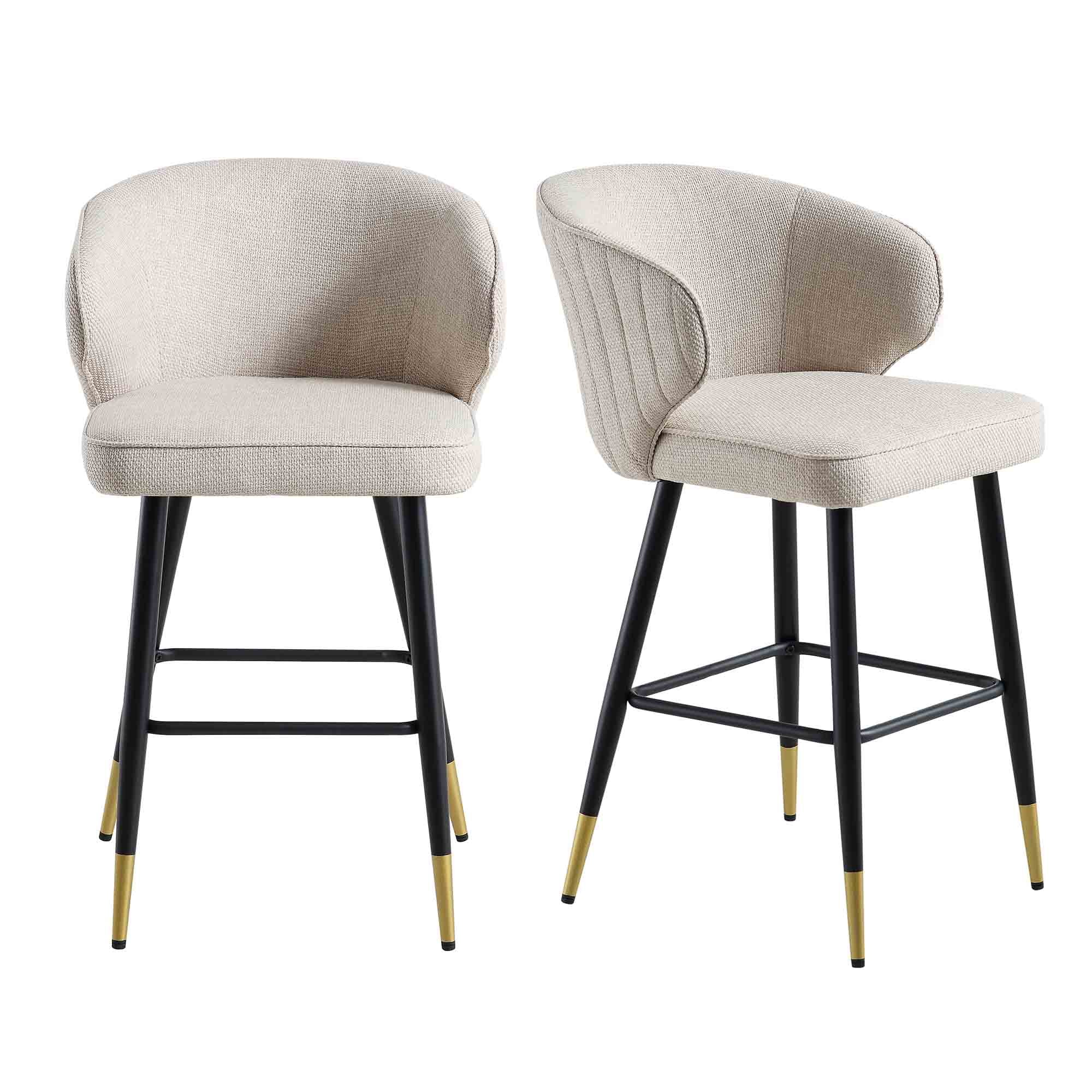 Langham Set of 2 Oatmeal Woven Fabric Upholstered Carver Counter Stools - Image 3