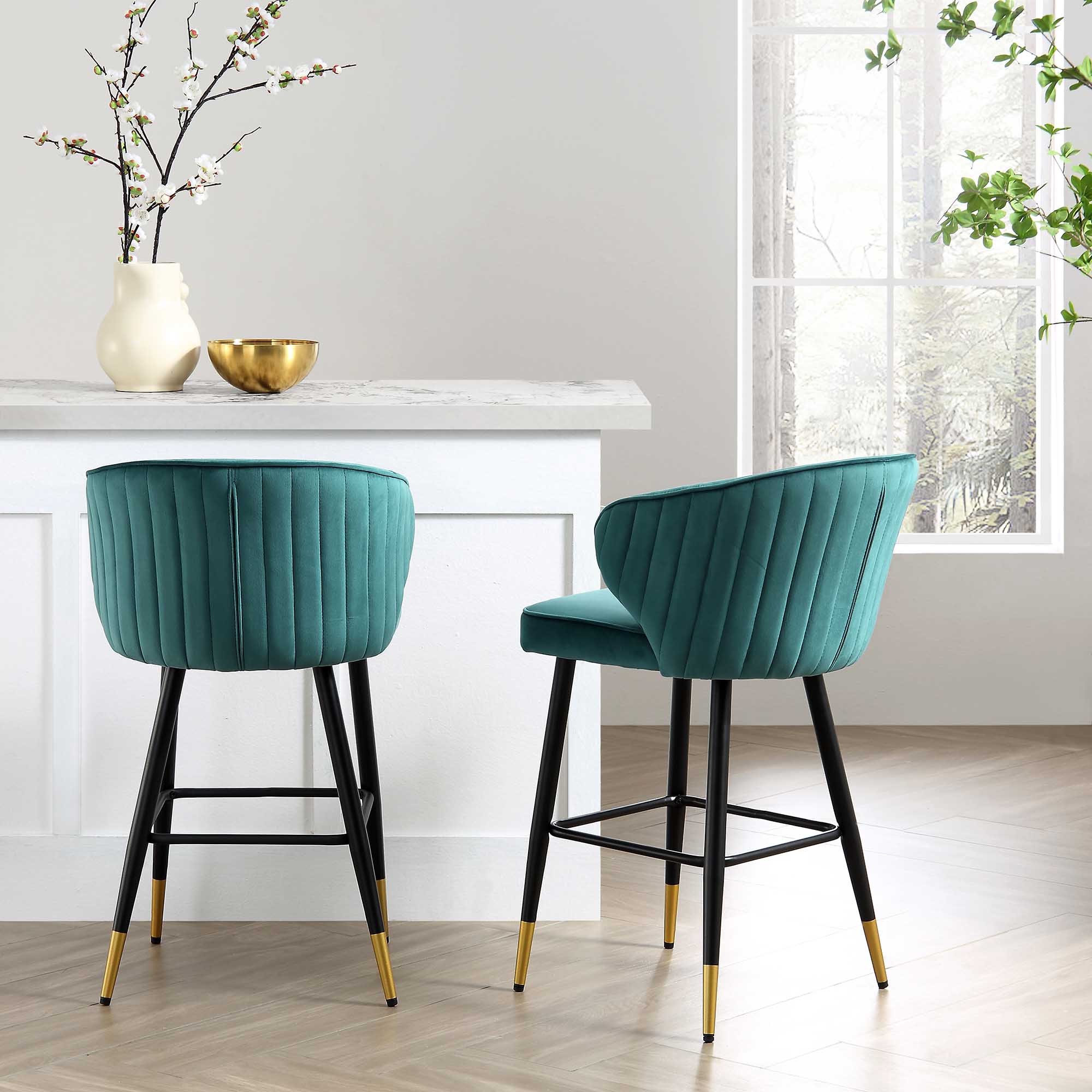 Langham Set of 2 Teal Velvet Upholstered Carver Counter Stools - Image 2