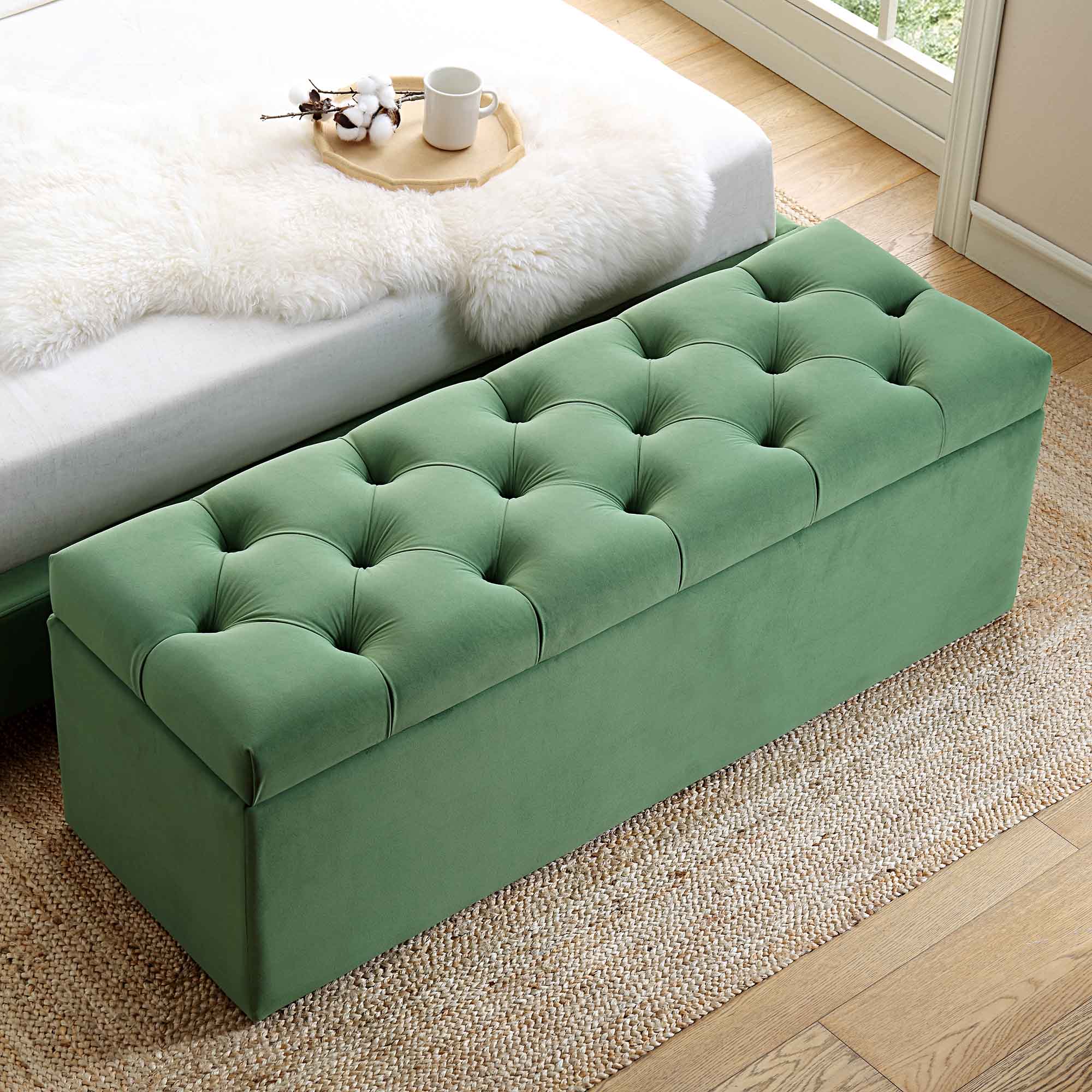 Leamington Deep-Buttoned Ottoman Storage Bench, Meadow Green Velvet - Image 3