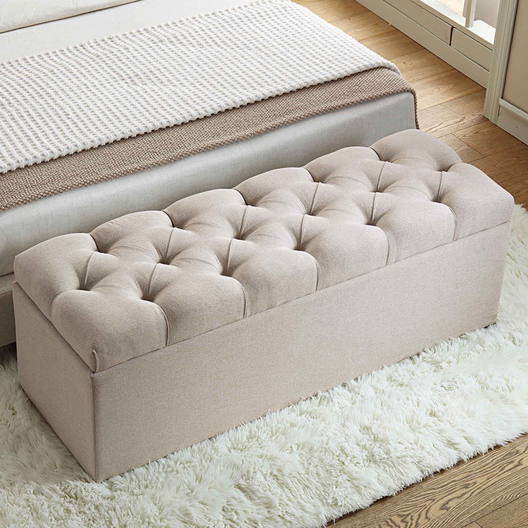 Leamington Deep-Buttoned Ottoman Storage Bench, Oatmeal Fabric - Image 3