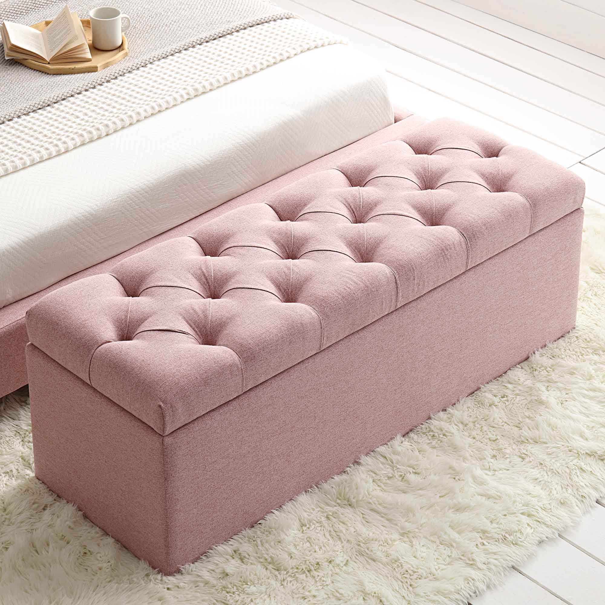 Leamington Deep-Buttoned Ottoman Storage Bench, Rosewater Pink Fabric - Image 3