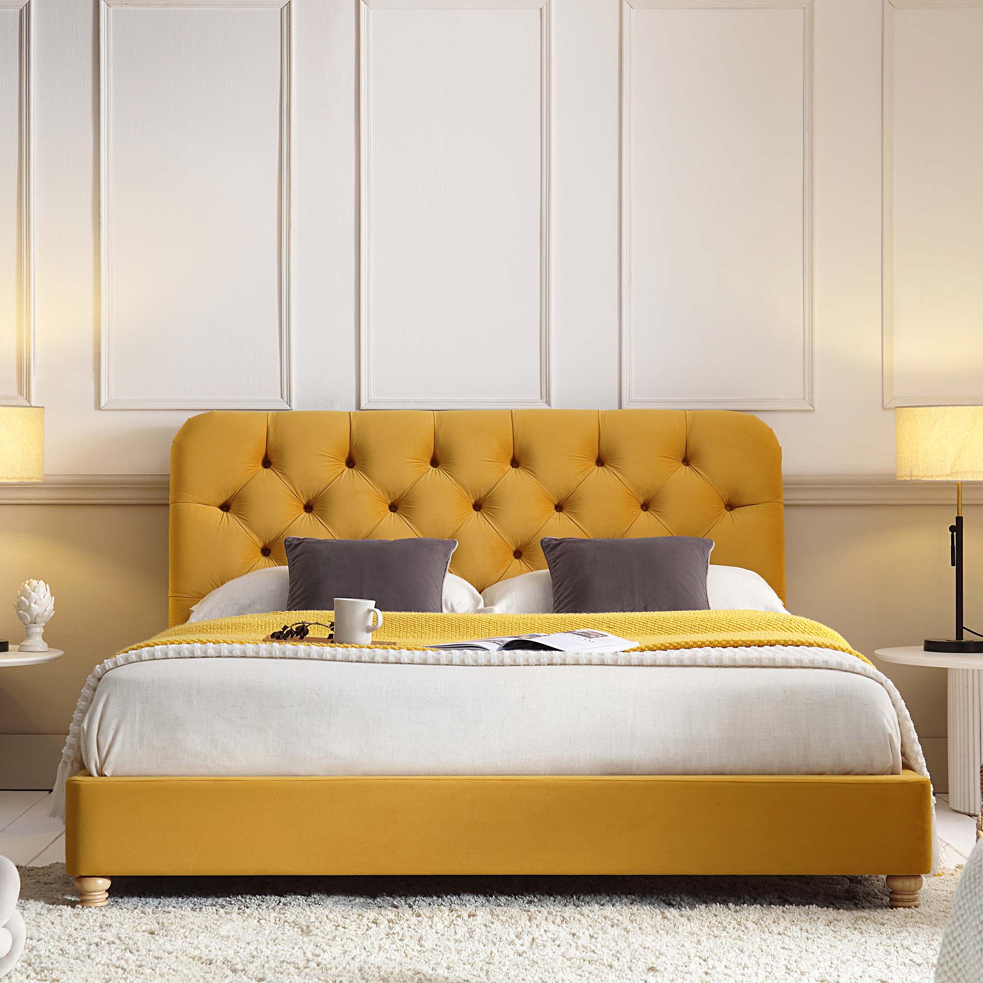 Leamington Deep-Buttoned Upholstered Bed, Turmeric Yellow Velvet - Image 3