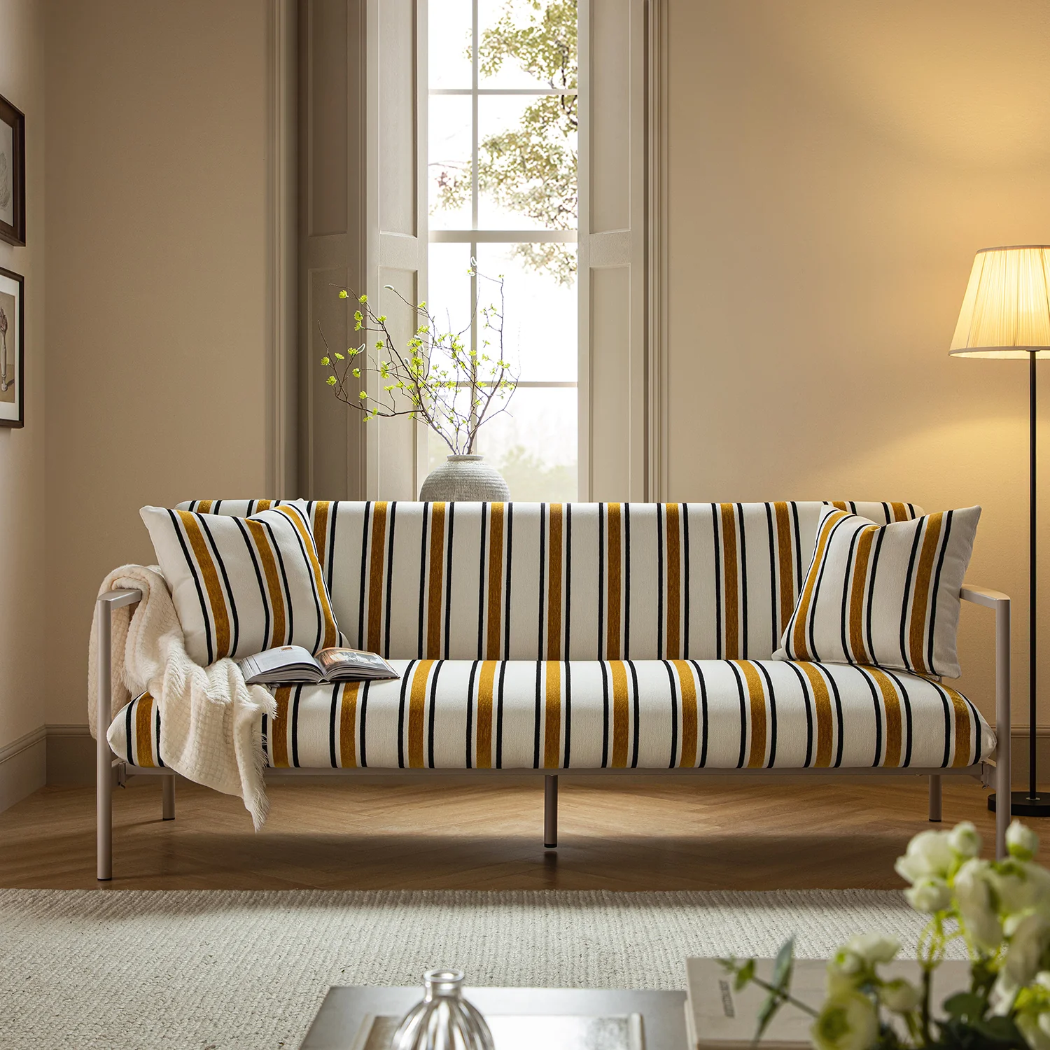 Linea Three Seater Sofa Bed, Amber Striped Chenille - Image 3