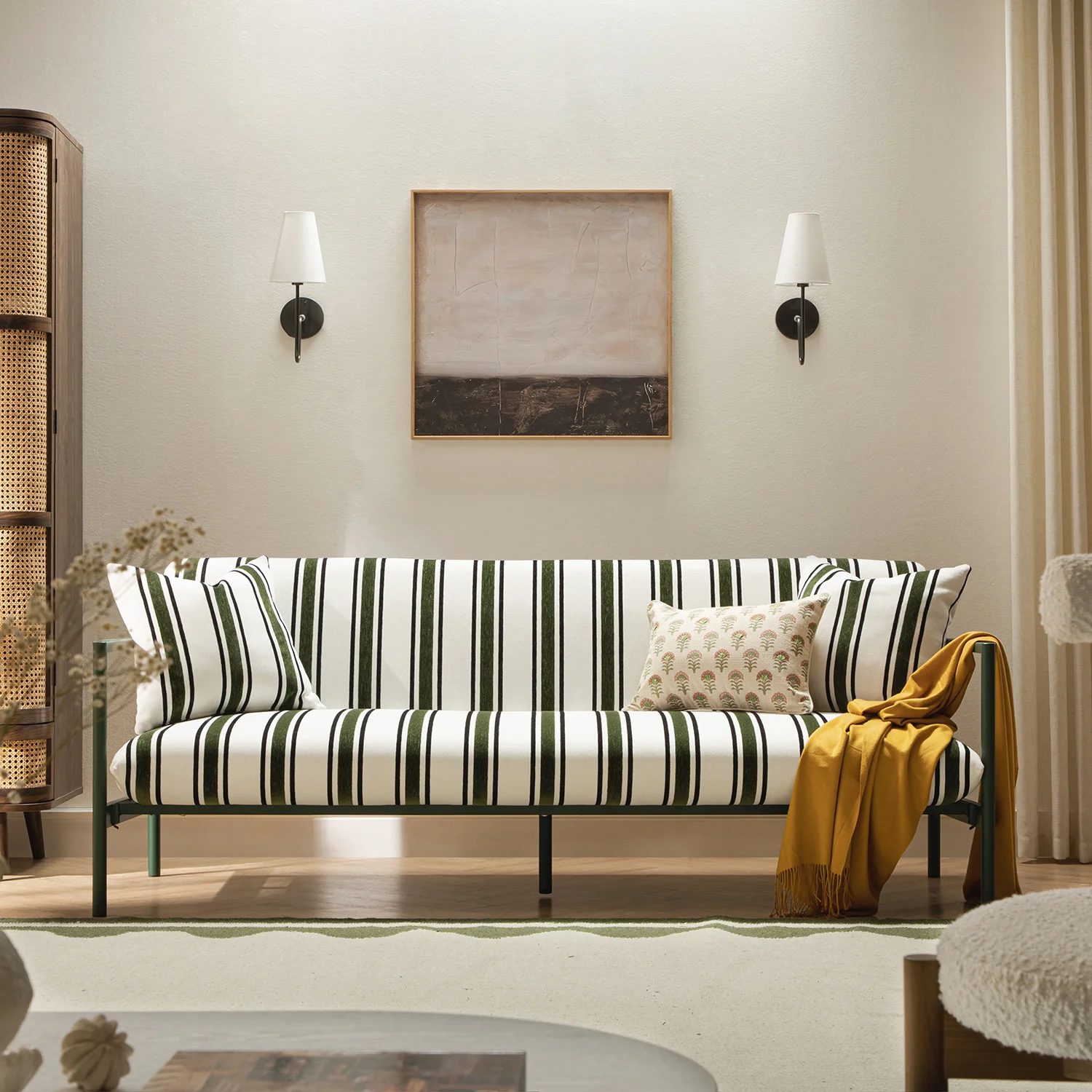 Linea Three Seater Sofa Bed, Forest Green Striped Chenille - Image 3