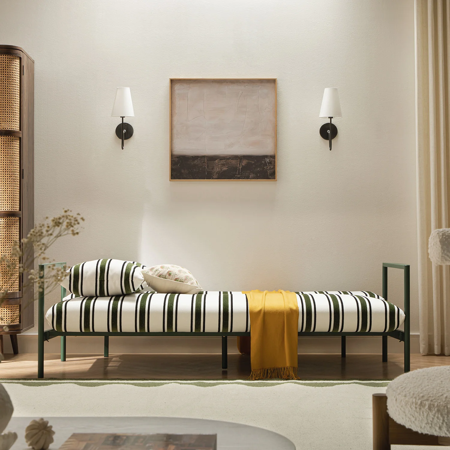 Linea Three Seater Sofa Bed, Forest Green Striped Chenille - Image 5