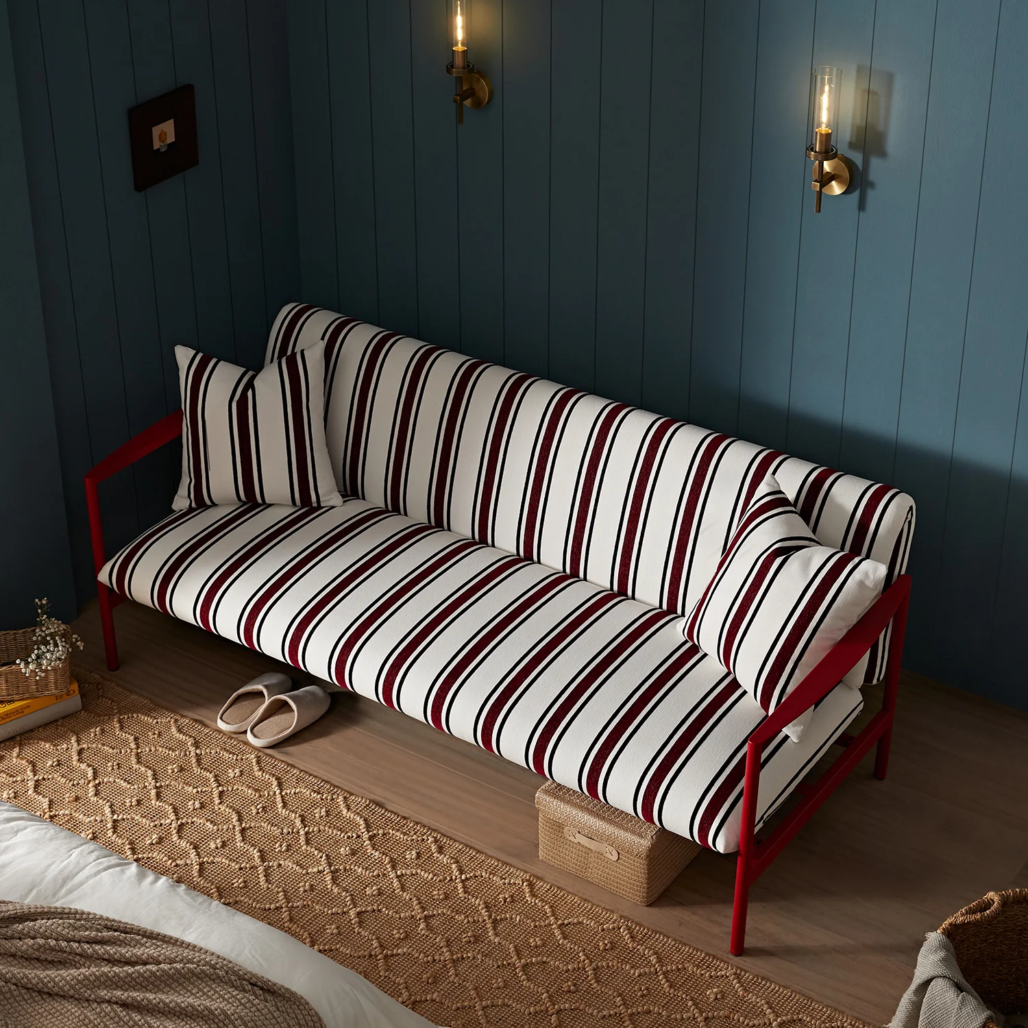 Linea Three Seater Sofa Bed, Maroon Red Striped Chenille - Image 3