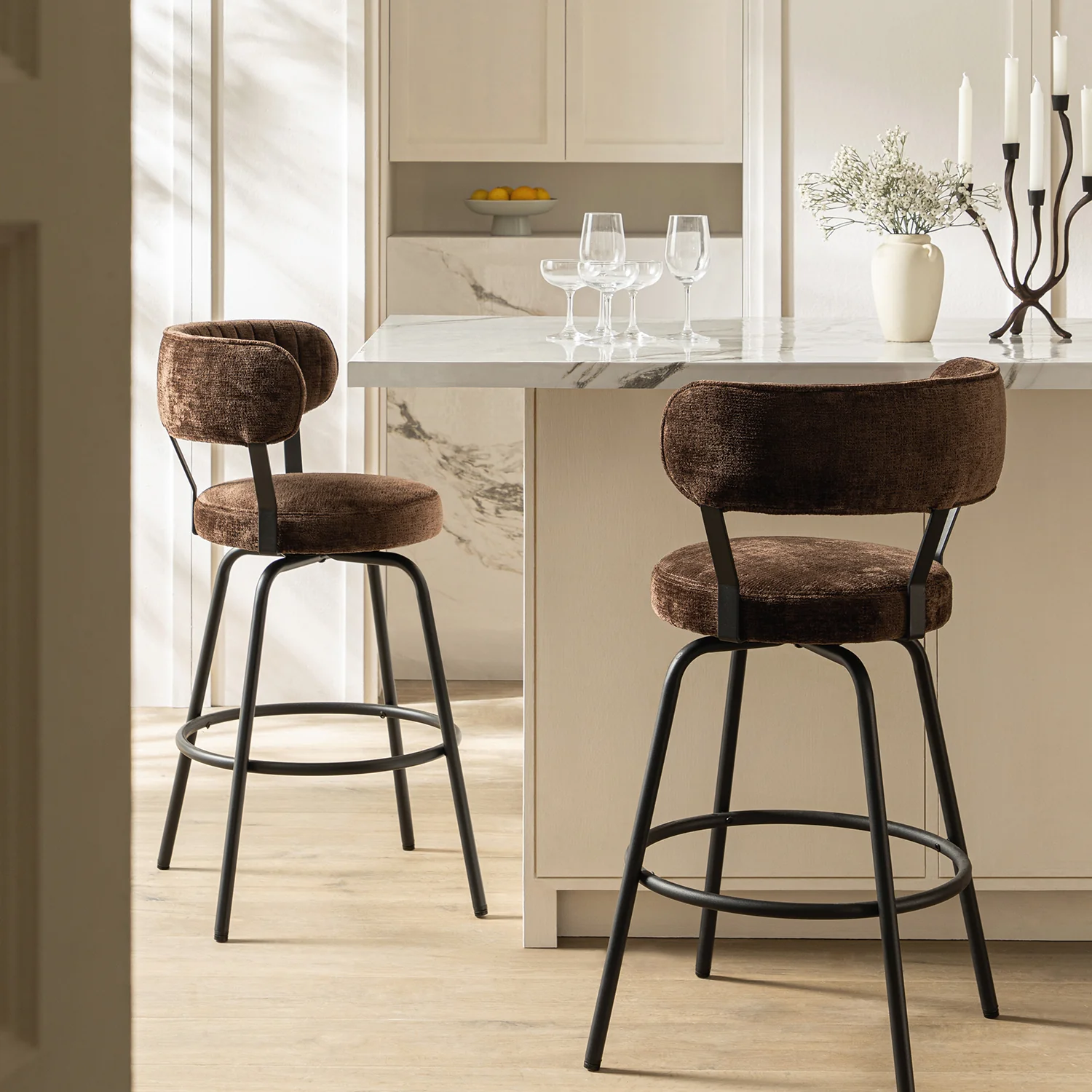 Lotte Set of 2 Swivel Counter Stools, Dark Mocha Chenille - Image 2