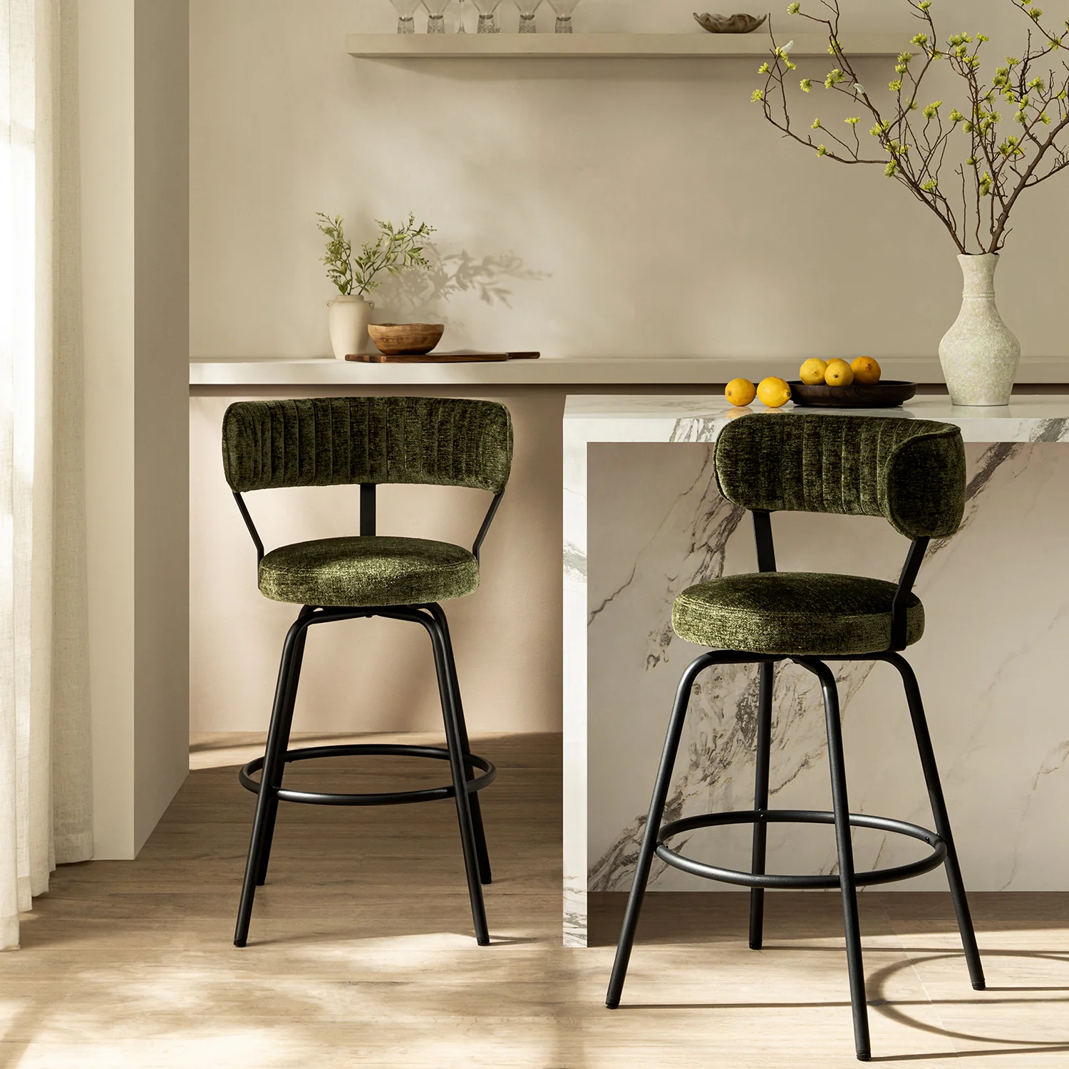 Lotte Set of 2 Swivel Counter Stools, Moss Green Chenille - Image 2