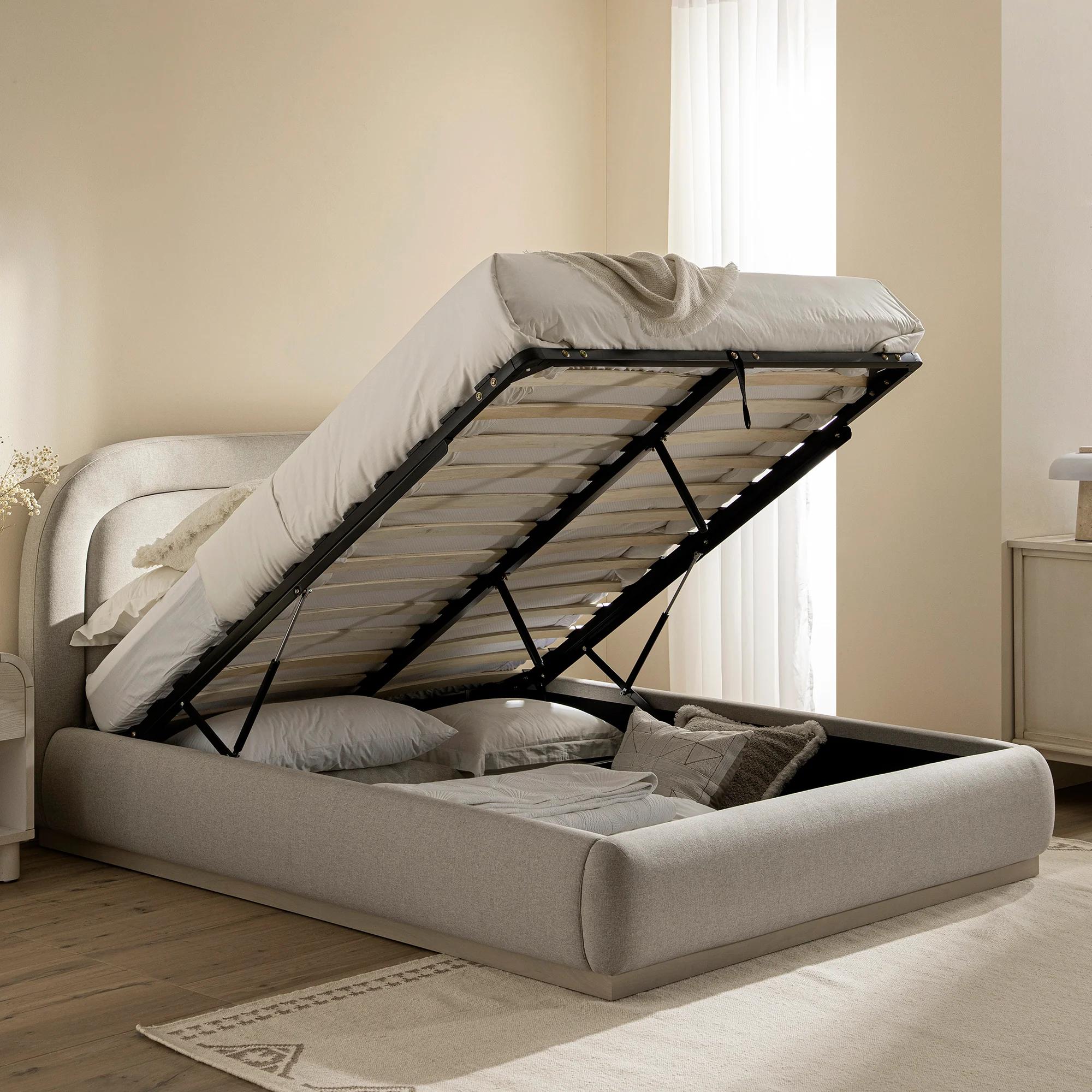 Luella Upholstered Wooden Plinth Base Storage Bed, Sand Fabric - Image 3
