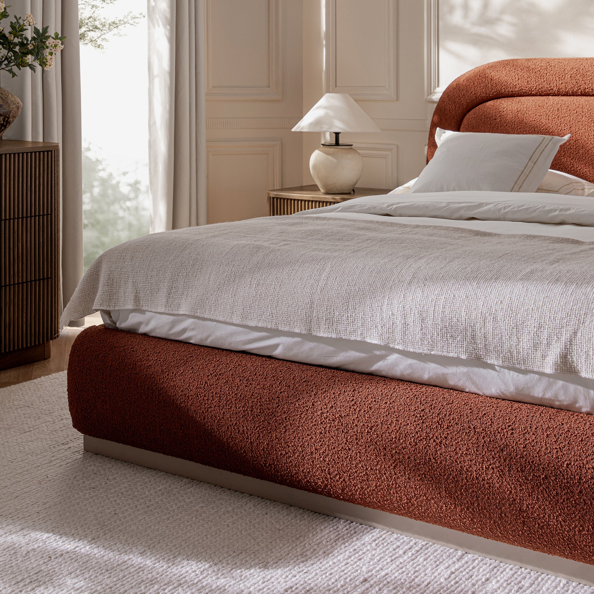 Luella Upholstered Wooden Plinth Base Storage Bed, Rust Boucle - Image 6
