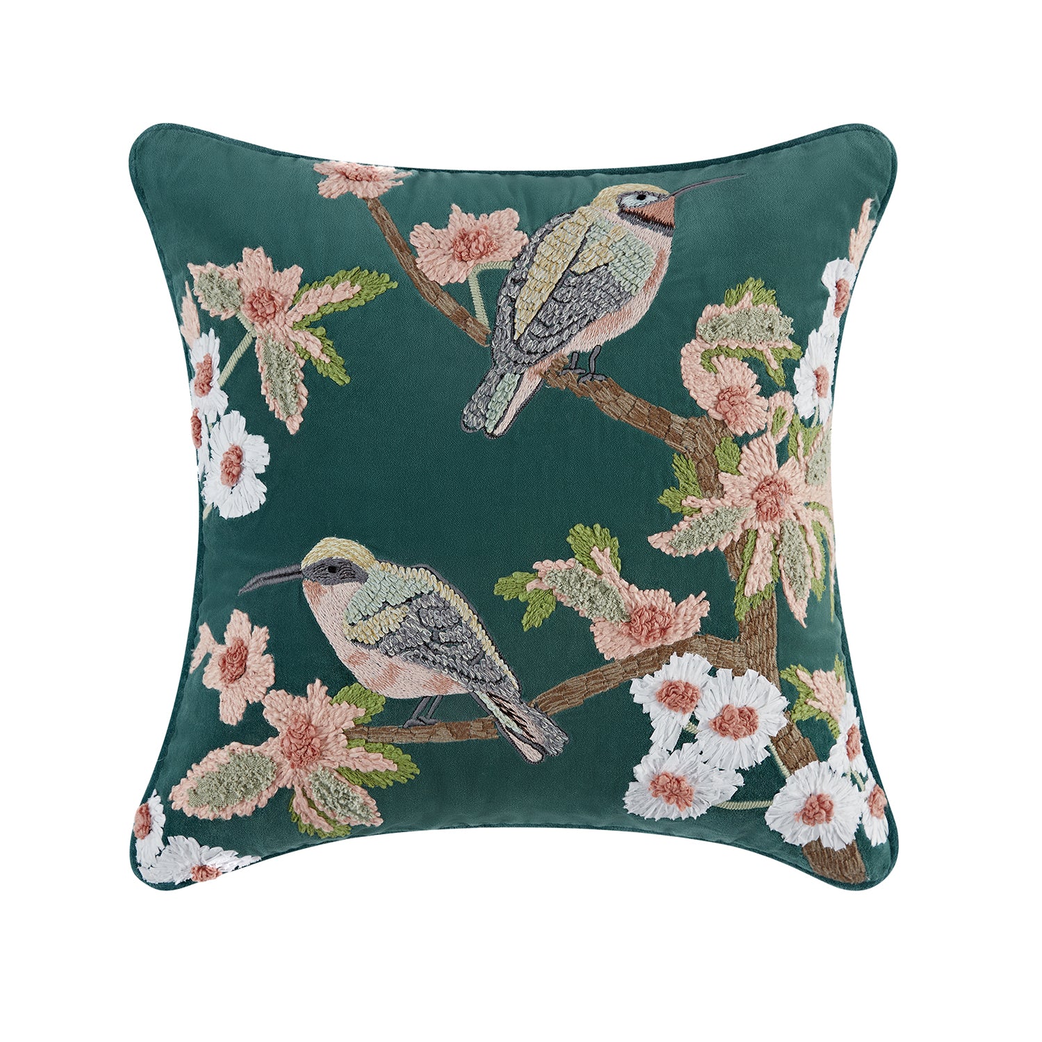 Lula Teal Meadow Serenade Embroidered Cotton Velvet Cushion