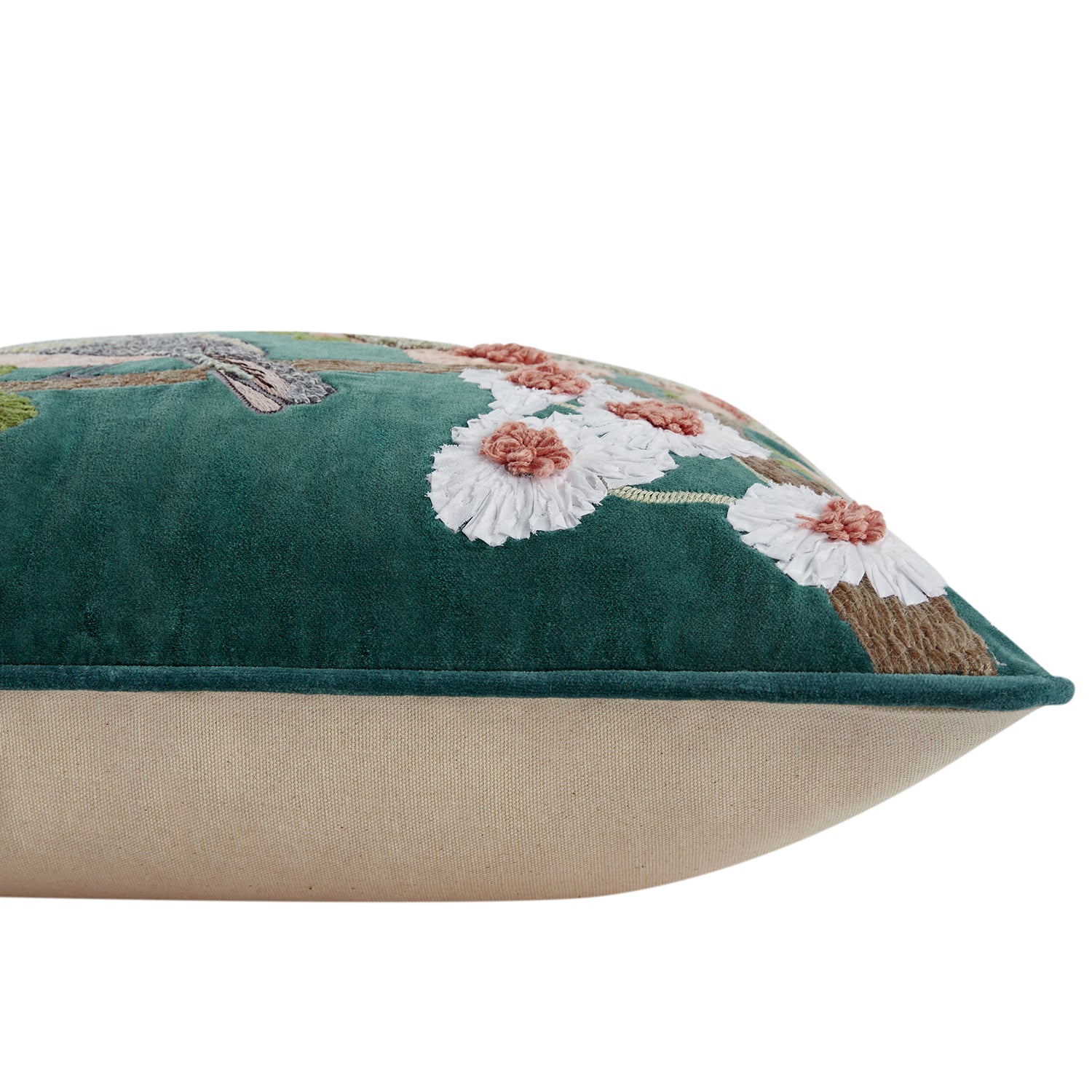Lula Teal Meadow Serenade Embroidered Cotton Velvet Cushion - Image 3