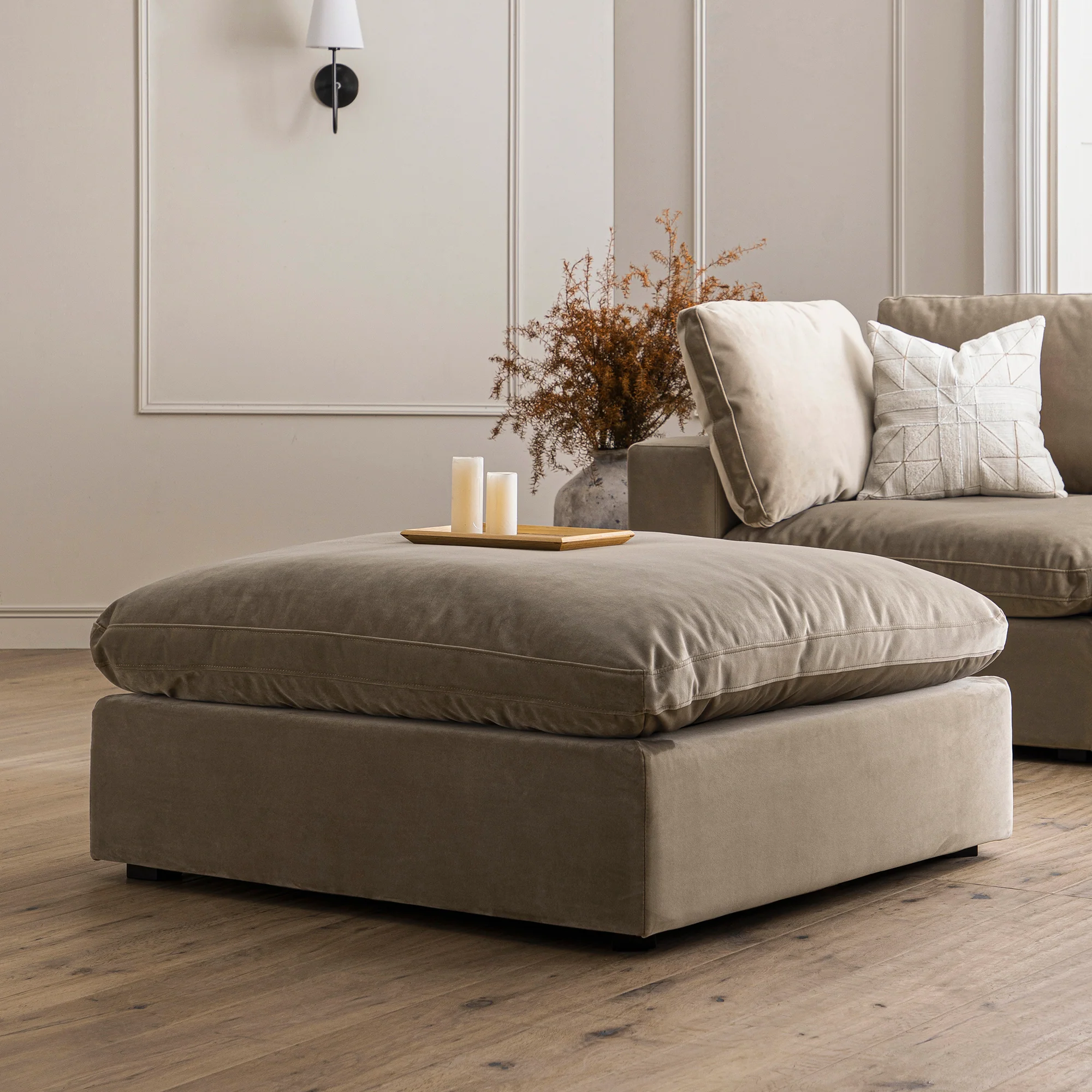 Lutyens Taupe Velvet Modular Sofa, Stool - Image 2