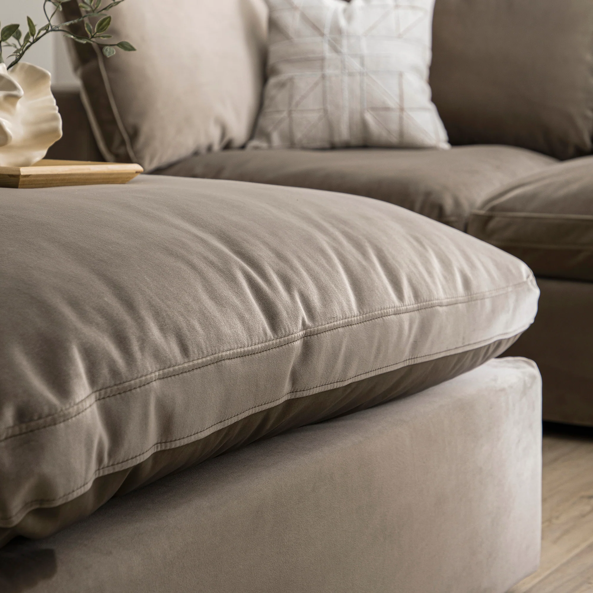 Lutyens Taupe Velvet Modular Sofa, Stool - Image 4