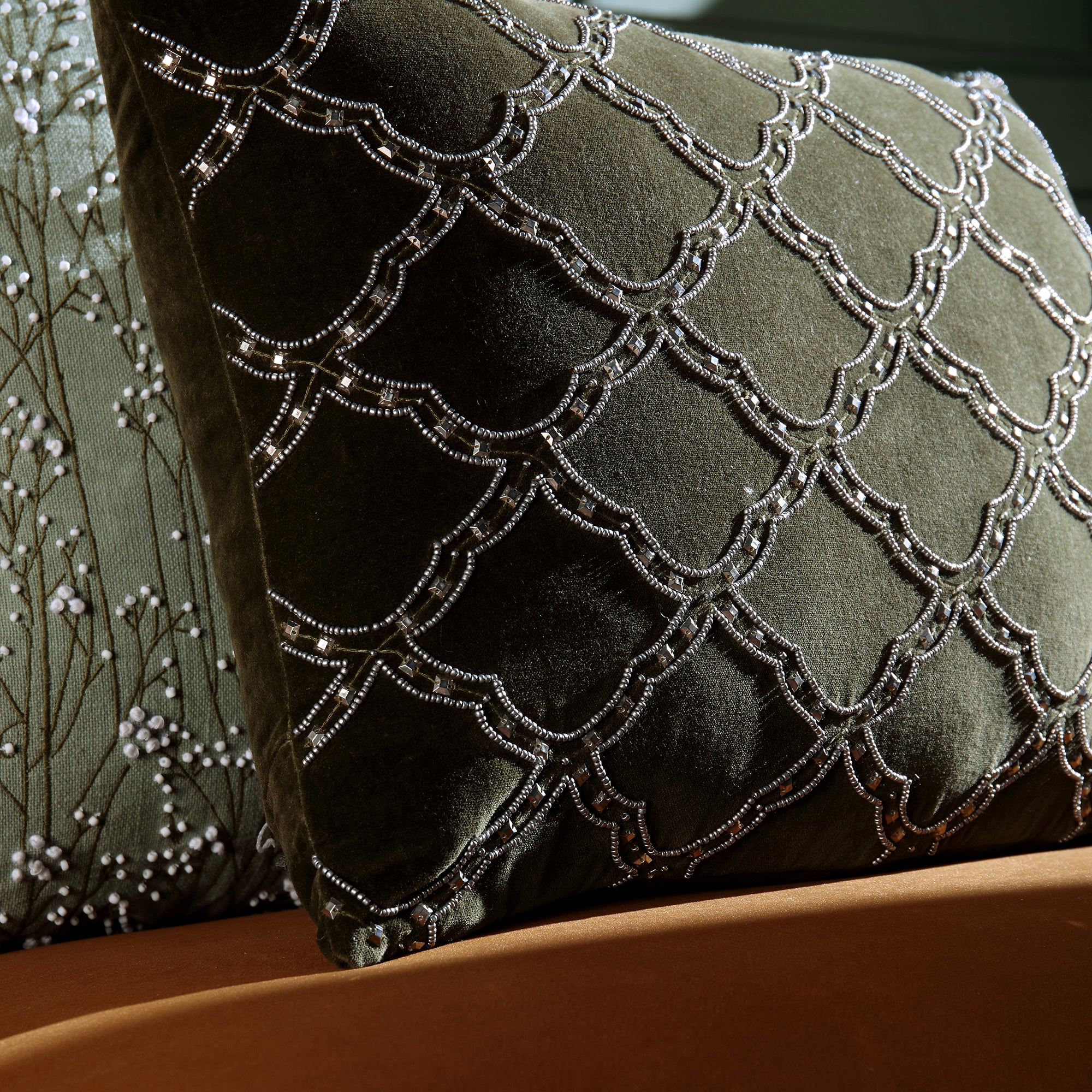 Luxe Collection Greta Beaded Moss Green Cotton Velvet Cushion - Image 3