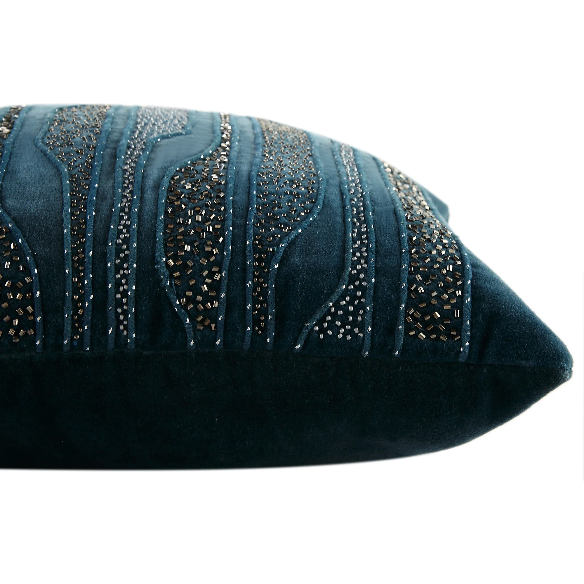 Luxe Collection Zita Beaded Teal Cotton Velvet Cushion - Image 4