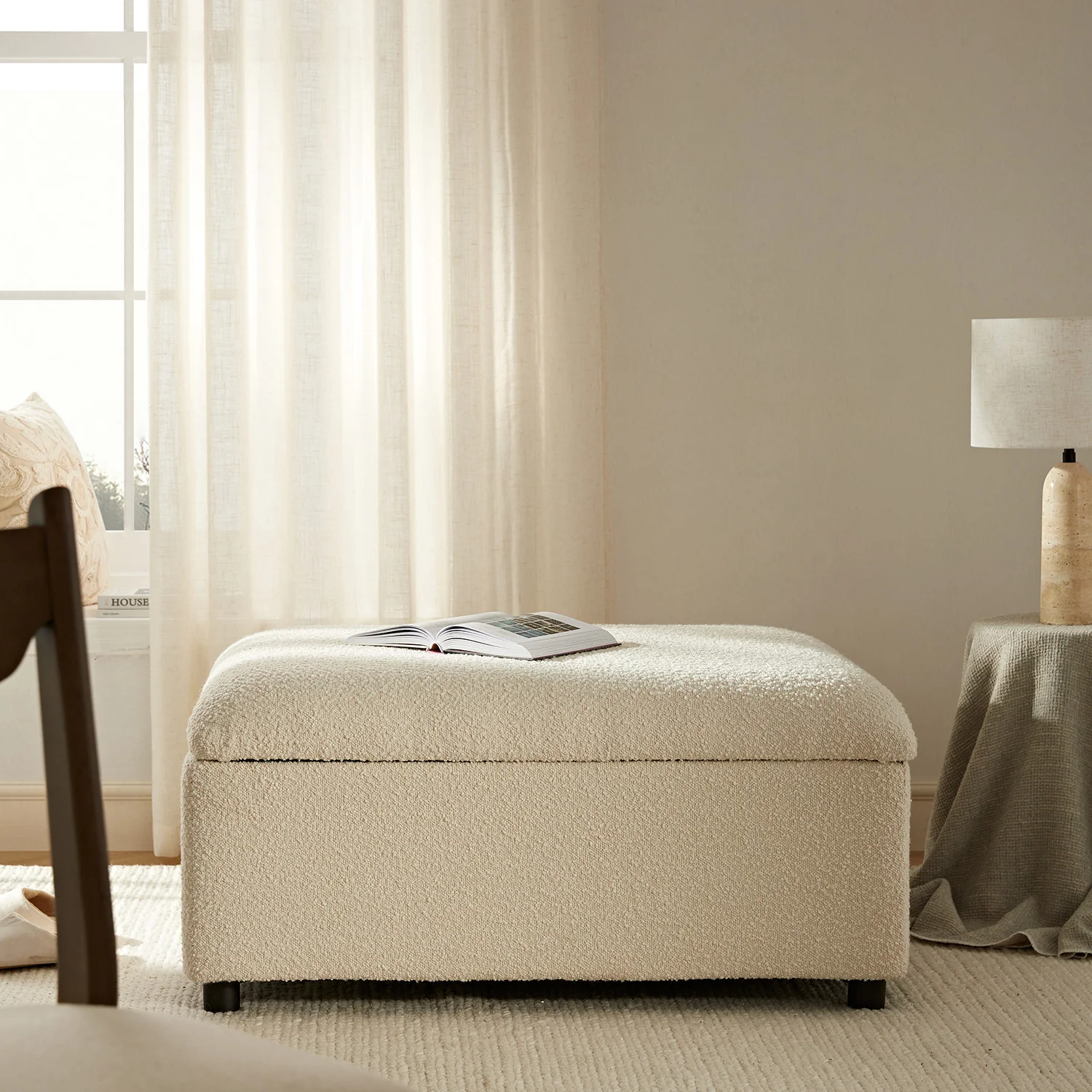 Magda Fold-Out Single Bed in an Ottoman, Beige Boucle - Image 4