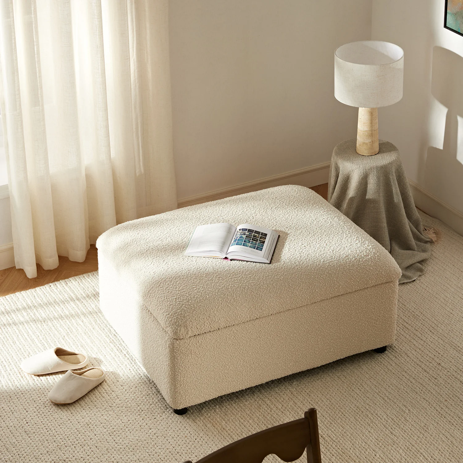 Magda Fold-Out Single Bed in an Ottoman, Beige Boucle - Image 6
