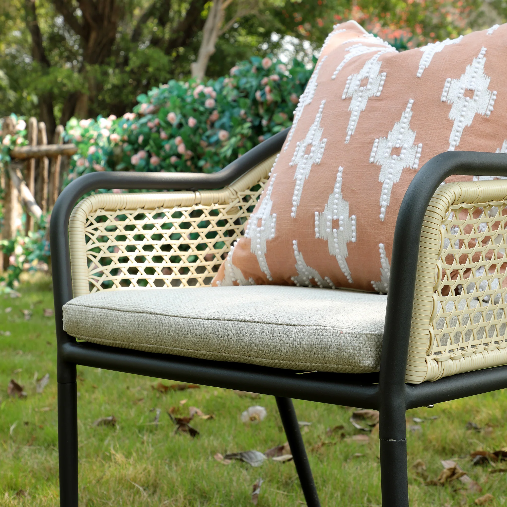 Mahika Ikat Pink French Knot Linen Cushion - Image 2