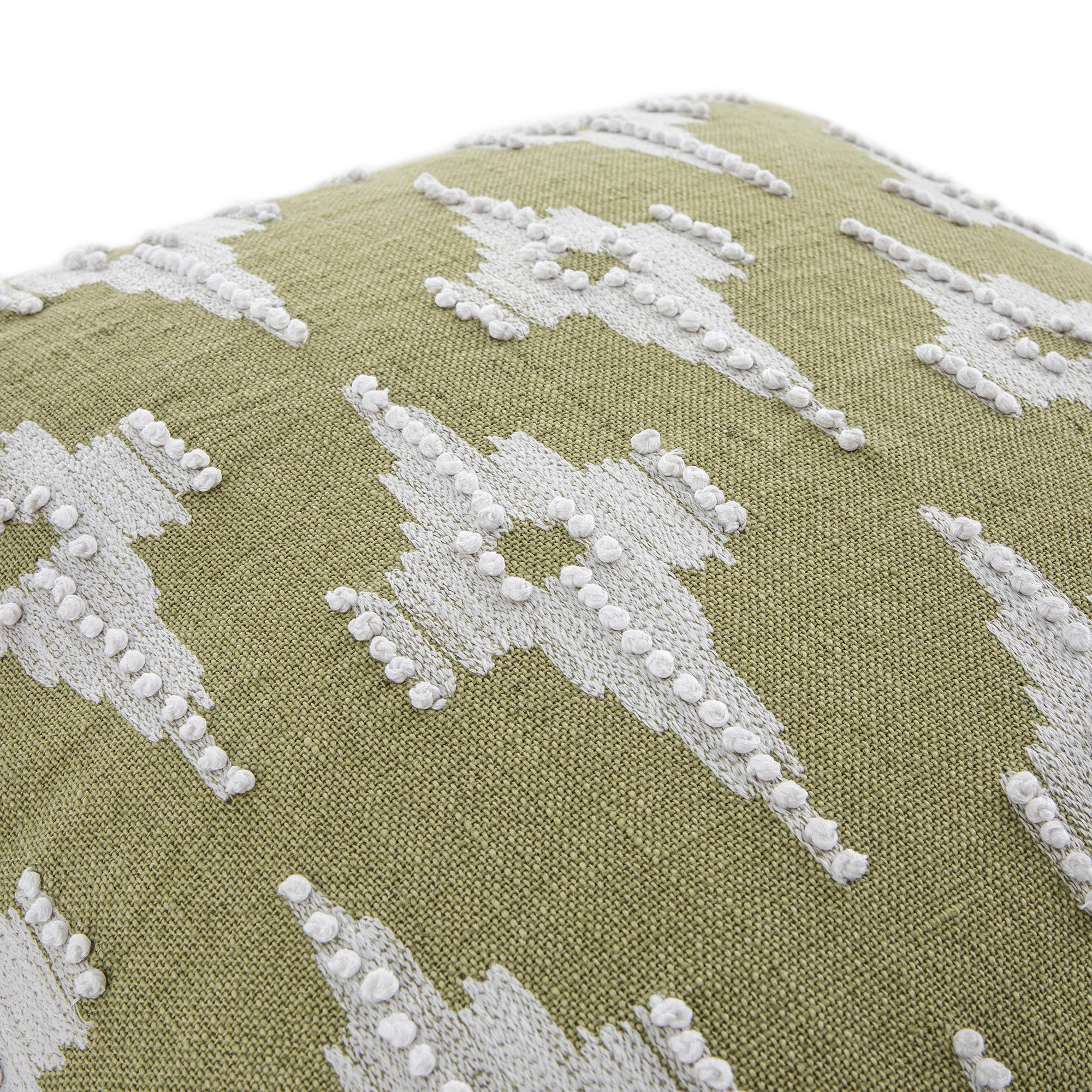 Mahika Ikat Sage Green French Knot Linen Cushion - Image 3