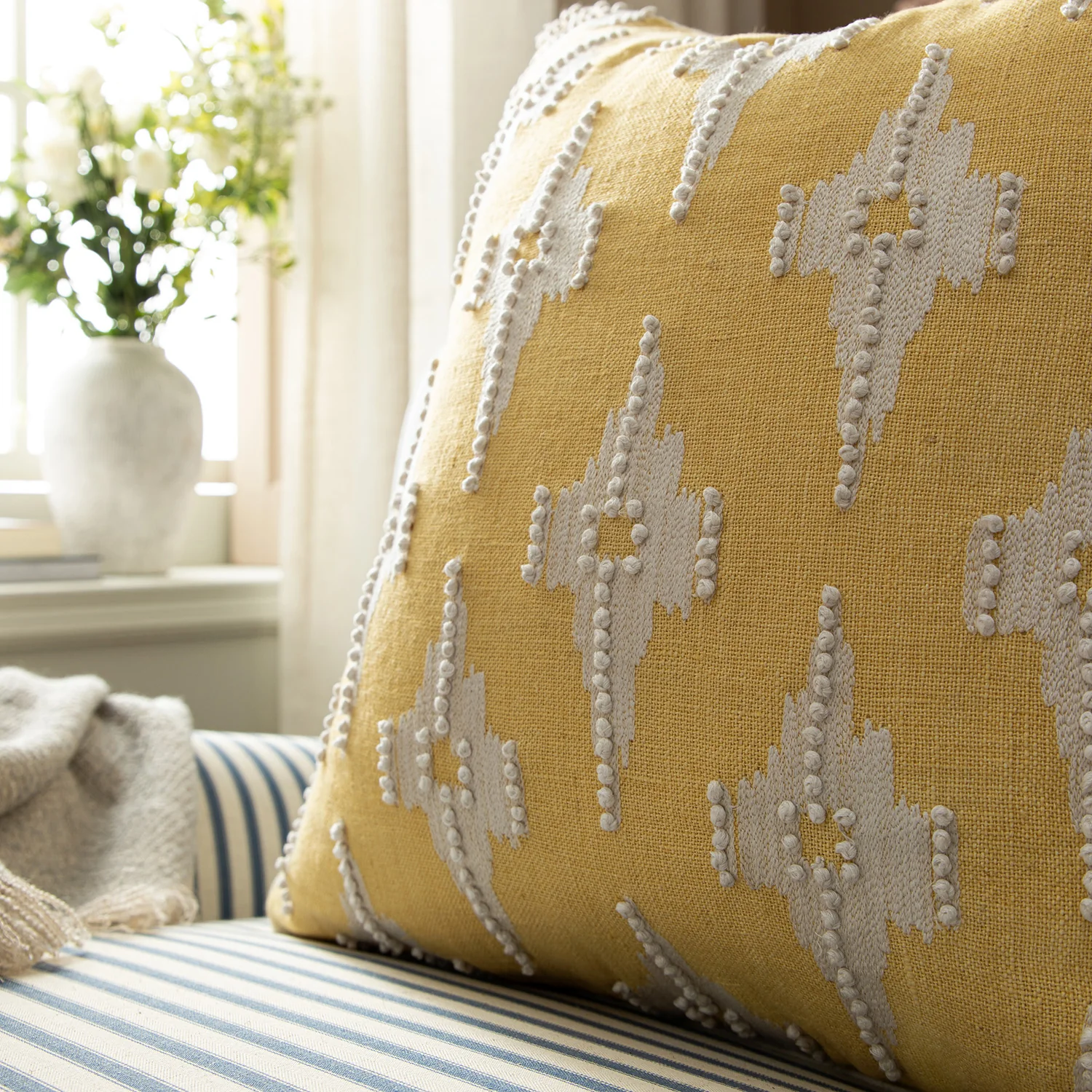 Mahika Ikat Yellow French Knot Linen Cushion - Image 3