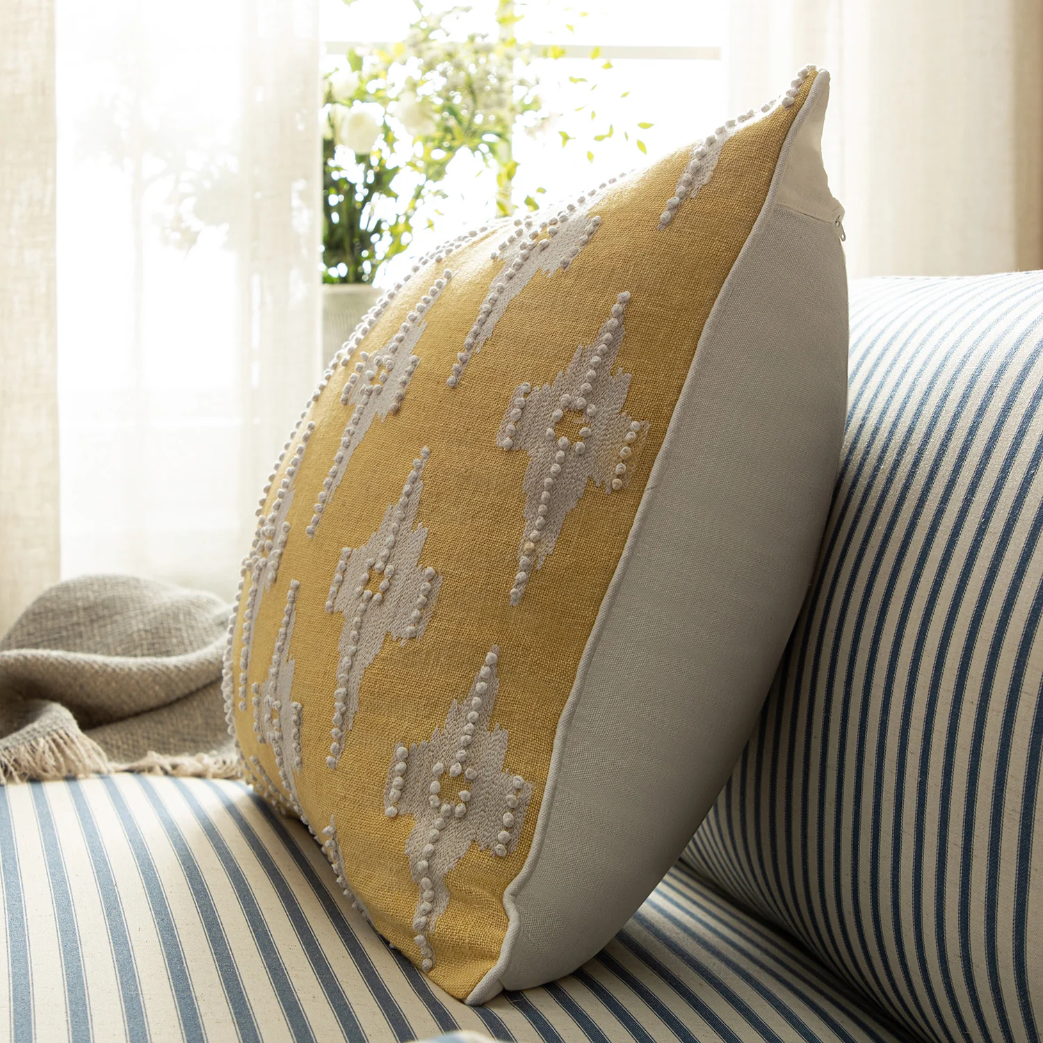 Mahika Ikat Yellow French Knot Linen Cushion - Image 5