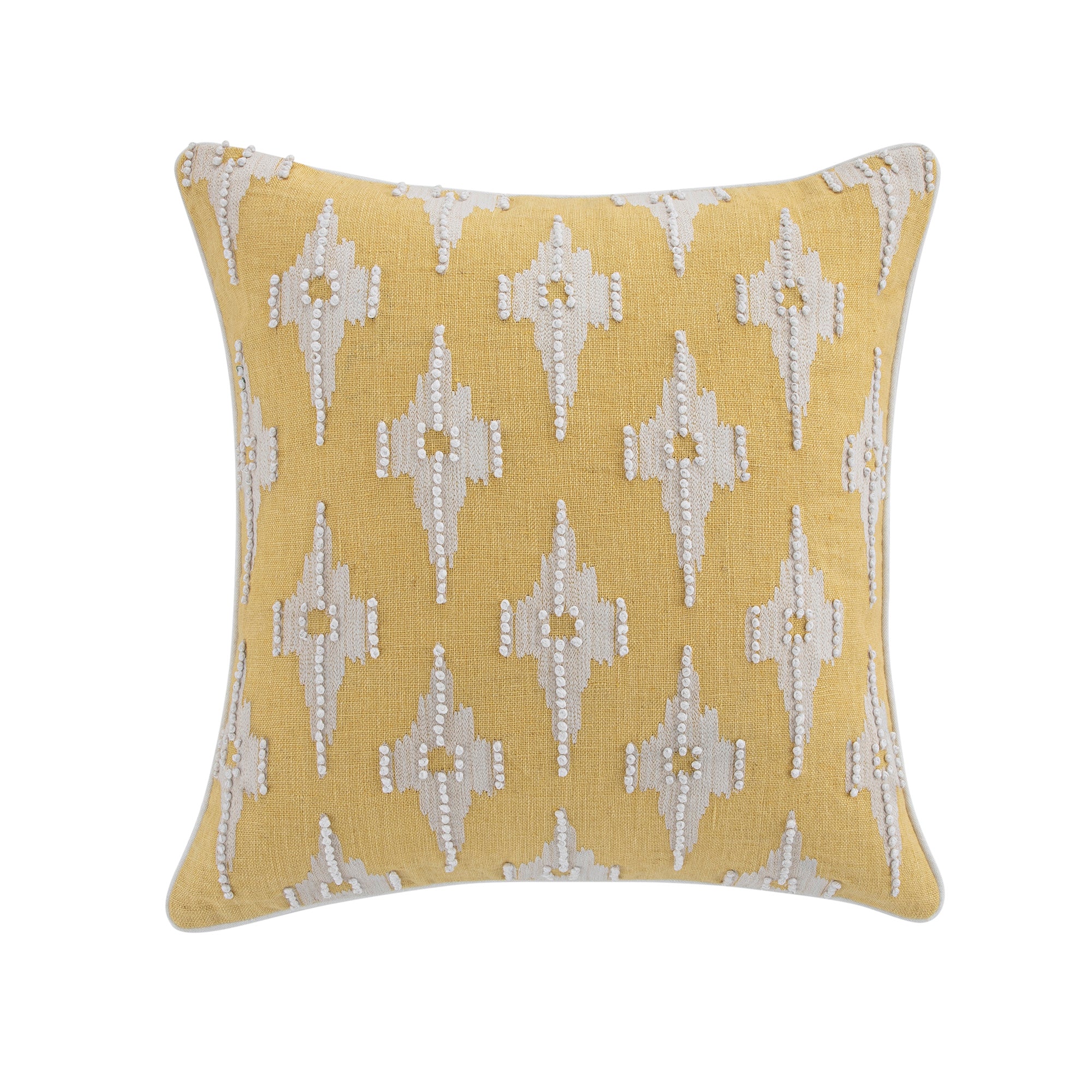 Mahika Ikat Yellow French Knot Linen Cushion - Image 6