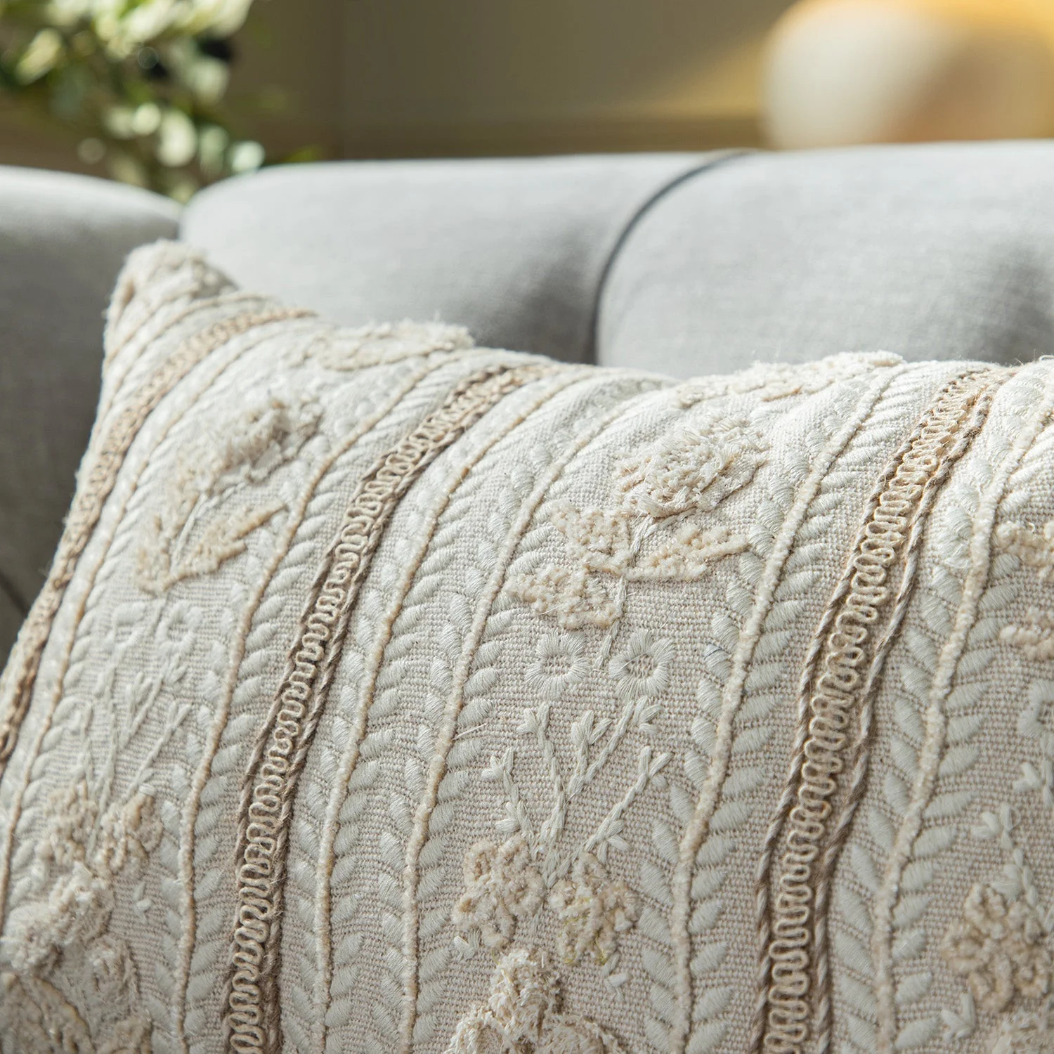 Maison Neutral Sophia Jute Lace Embroidered Cushion - Image 3