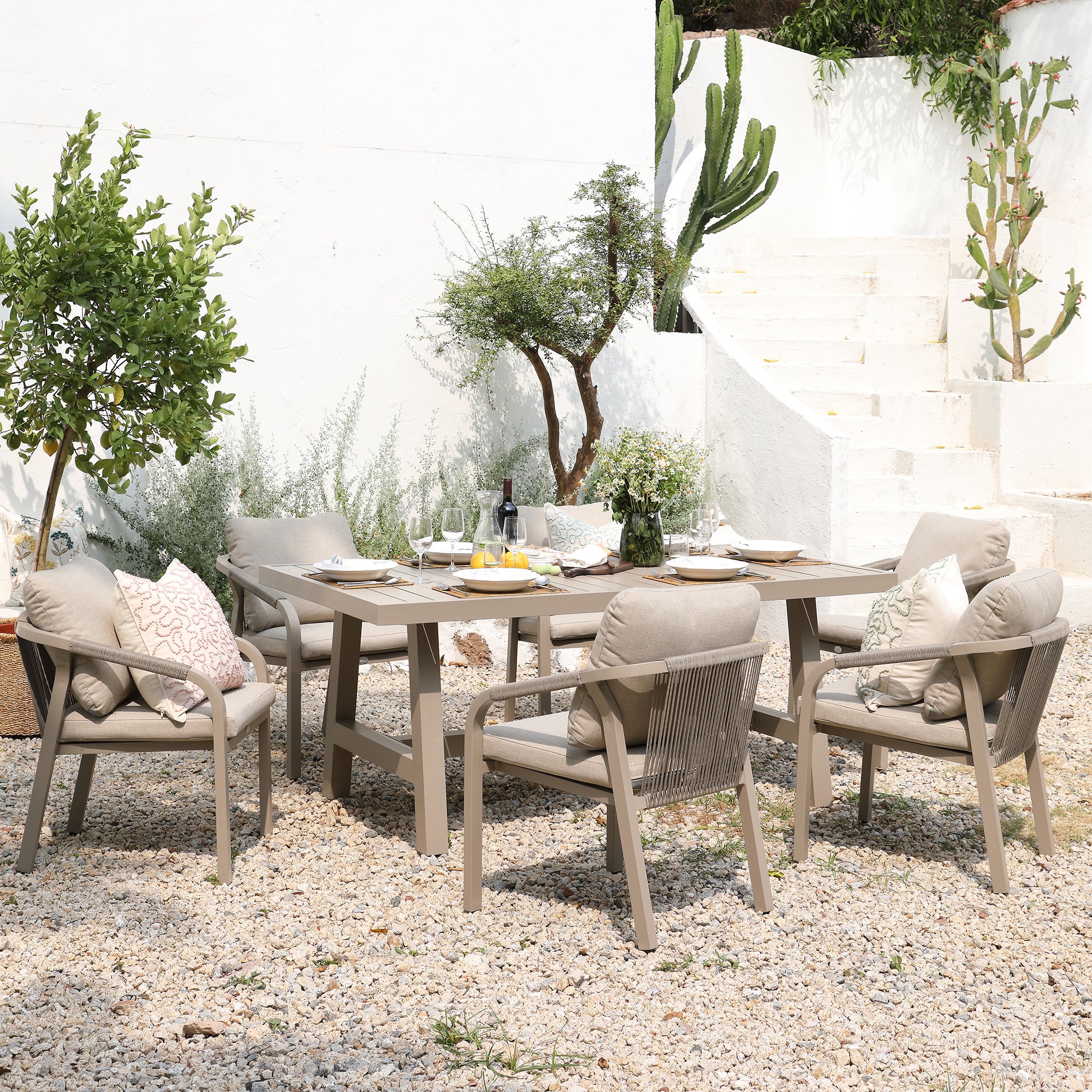 Manresa Rope 6-Seater Rectangular Dining Set, Taupe and Beige - Image 2