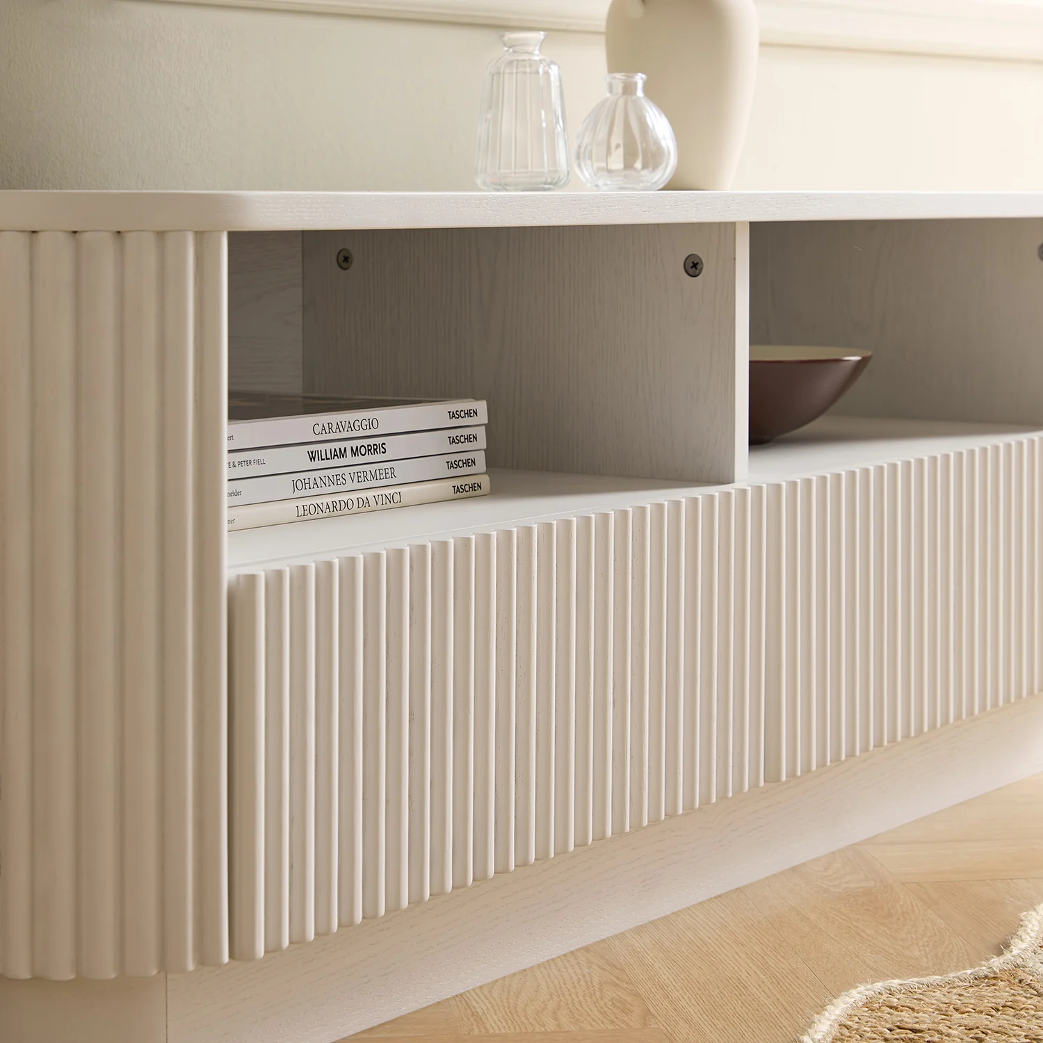 Maru 120cm TV Unit with Drawers, Washed White - Image 4