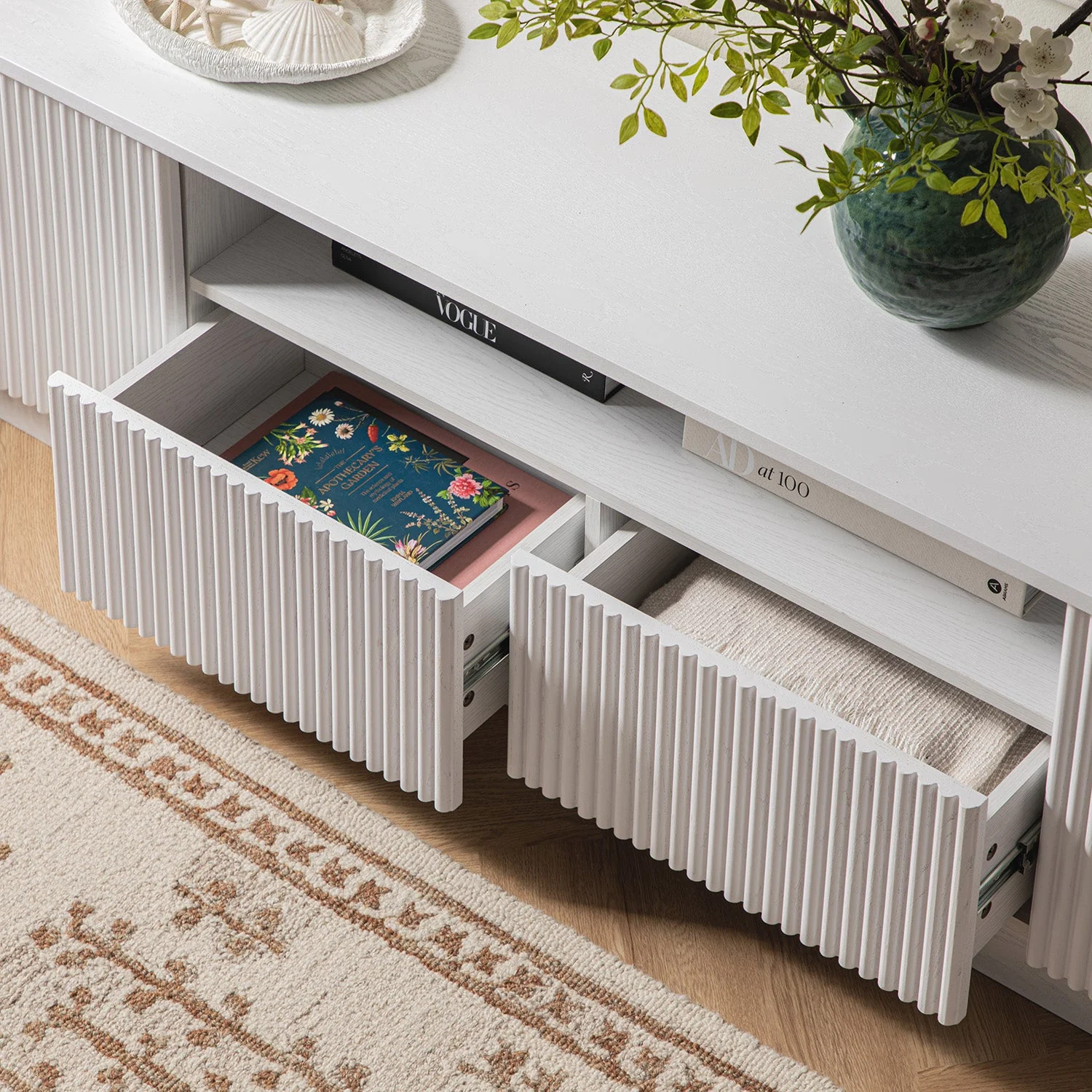 Maru 200cm Wide TV Unit with Drawers, Washed White - Image 6