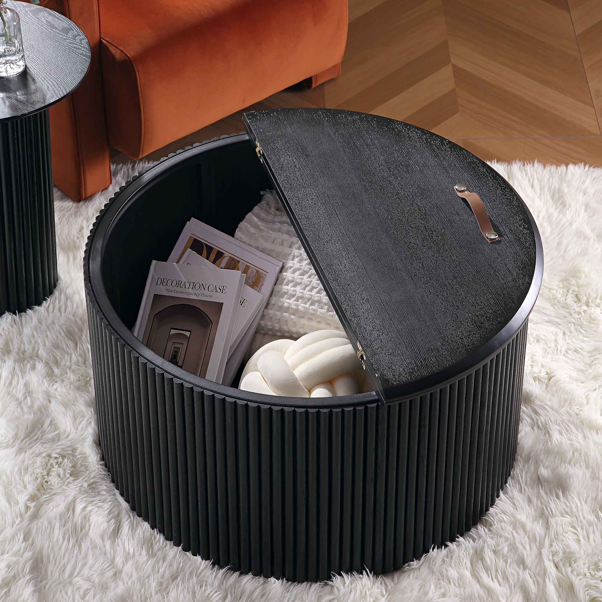 Maru Oak Round Coffee Table with Storage, Black - Image 4