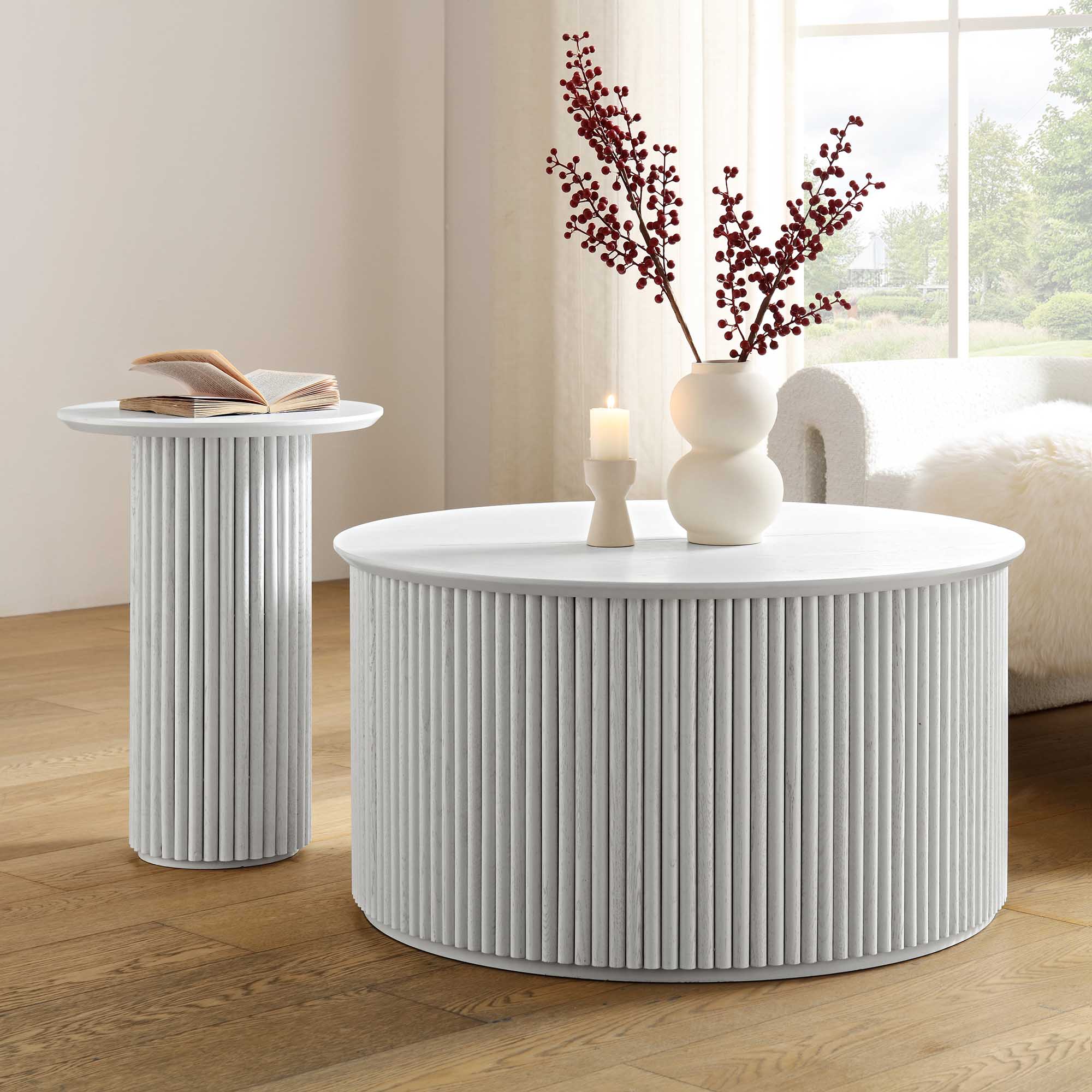 Maru Oak Round Coffee Table with Storage, Washed White - Image 4