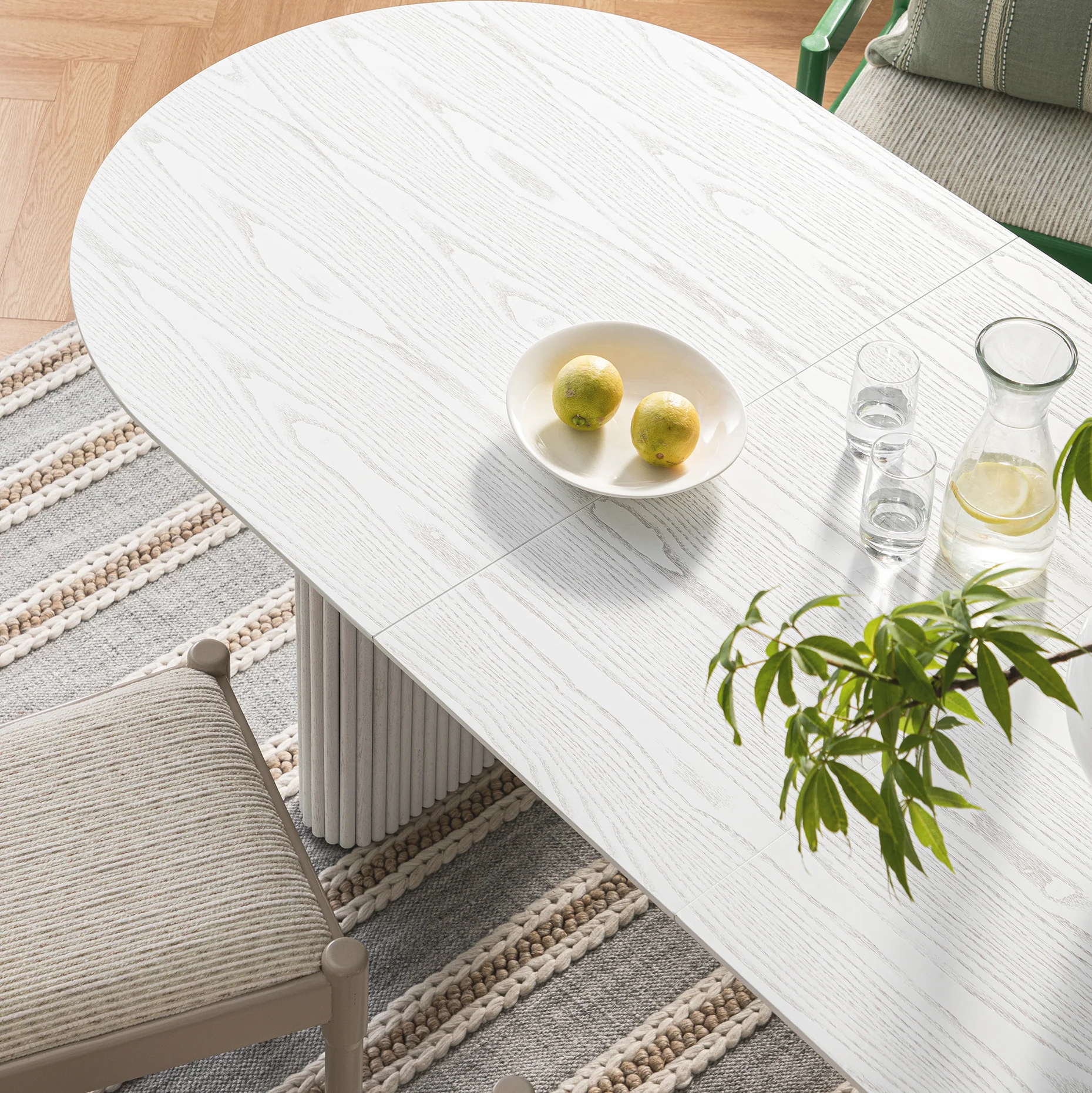 Maru Oval 6-8 Seater Extending Oak Pedestal Dining Table, Washed White - Image 5