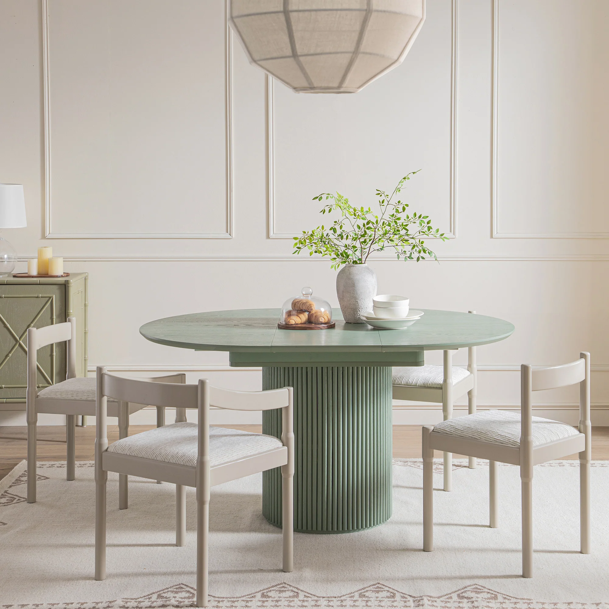 Maru Round 4-6 Seater Extending Oak Pedestal Dining Table, Sage Green - Image 2