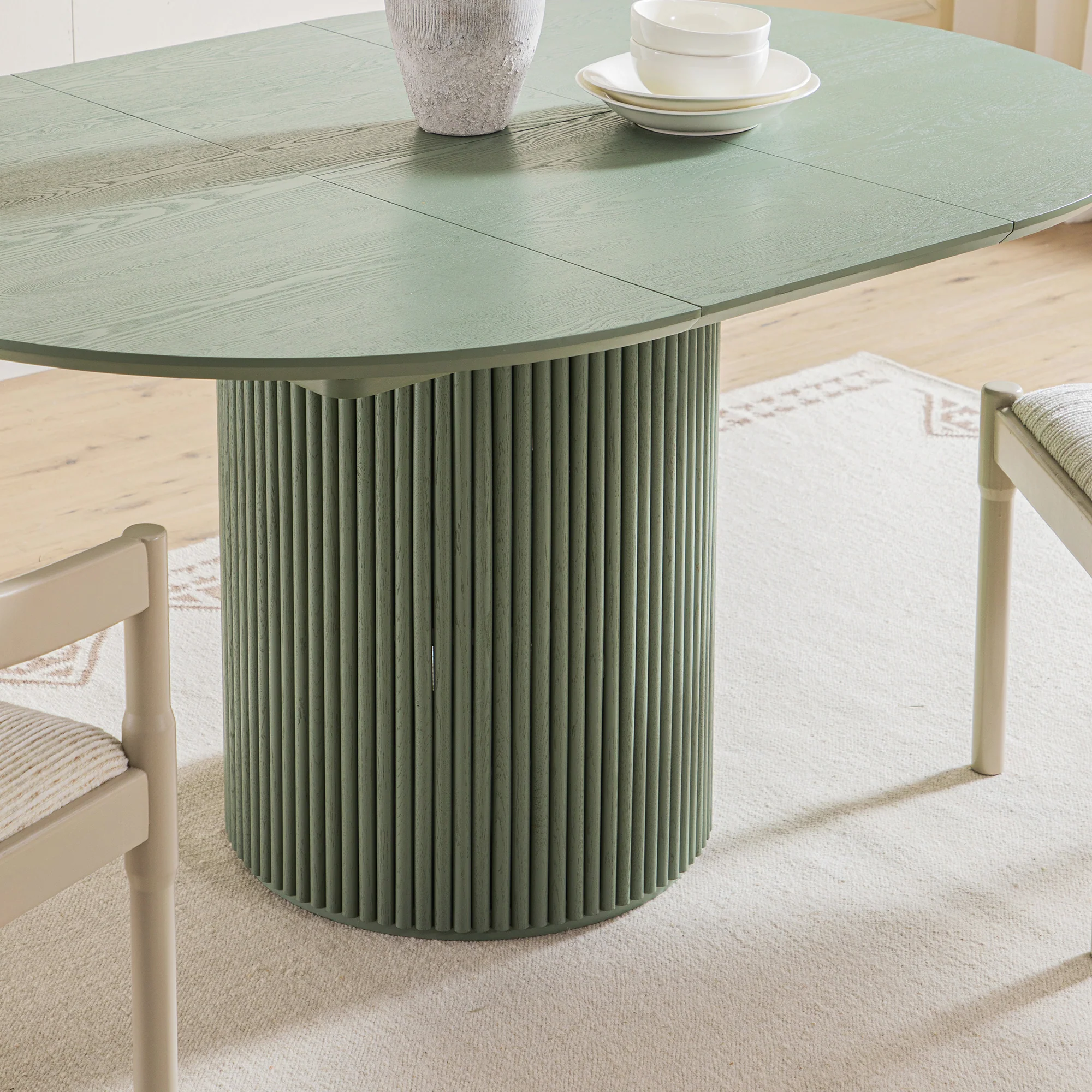Maru Round 4-6 Seater Extending Oak Pedestal Dining Table, Sage Green - Image 5