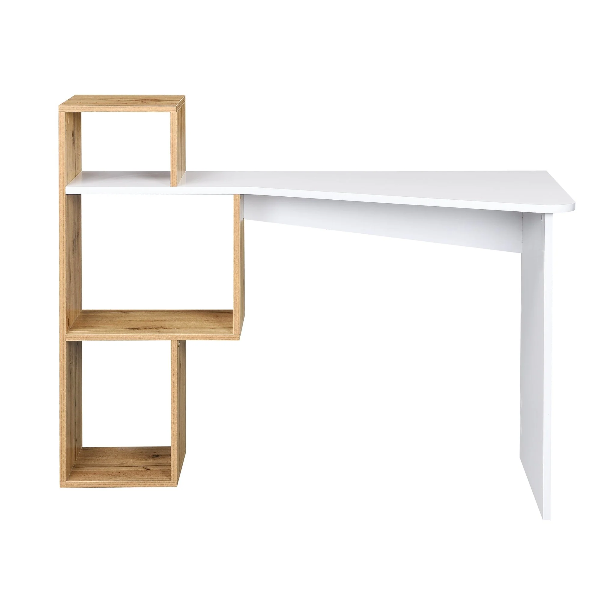 Mason White High Gloss Desk with Oak Effect Shelves - Image 3