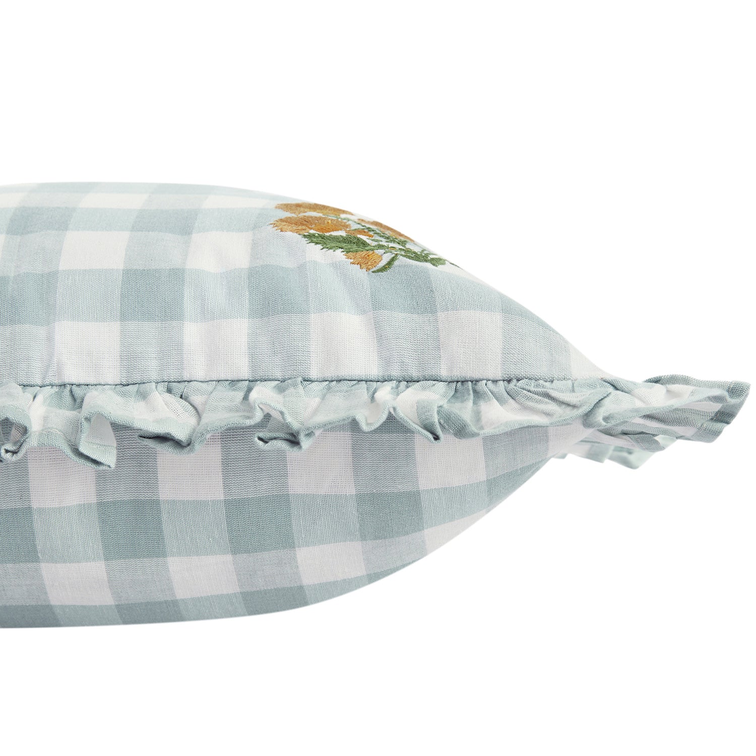 Matilda Blue Gingham Ruffle Floral Embroidered Linen Blend Cushion - Image 2