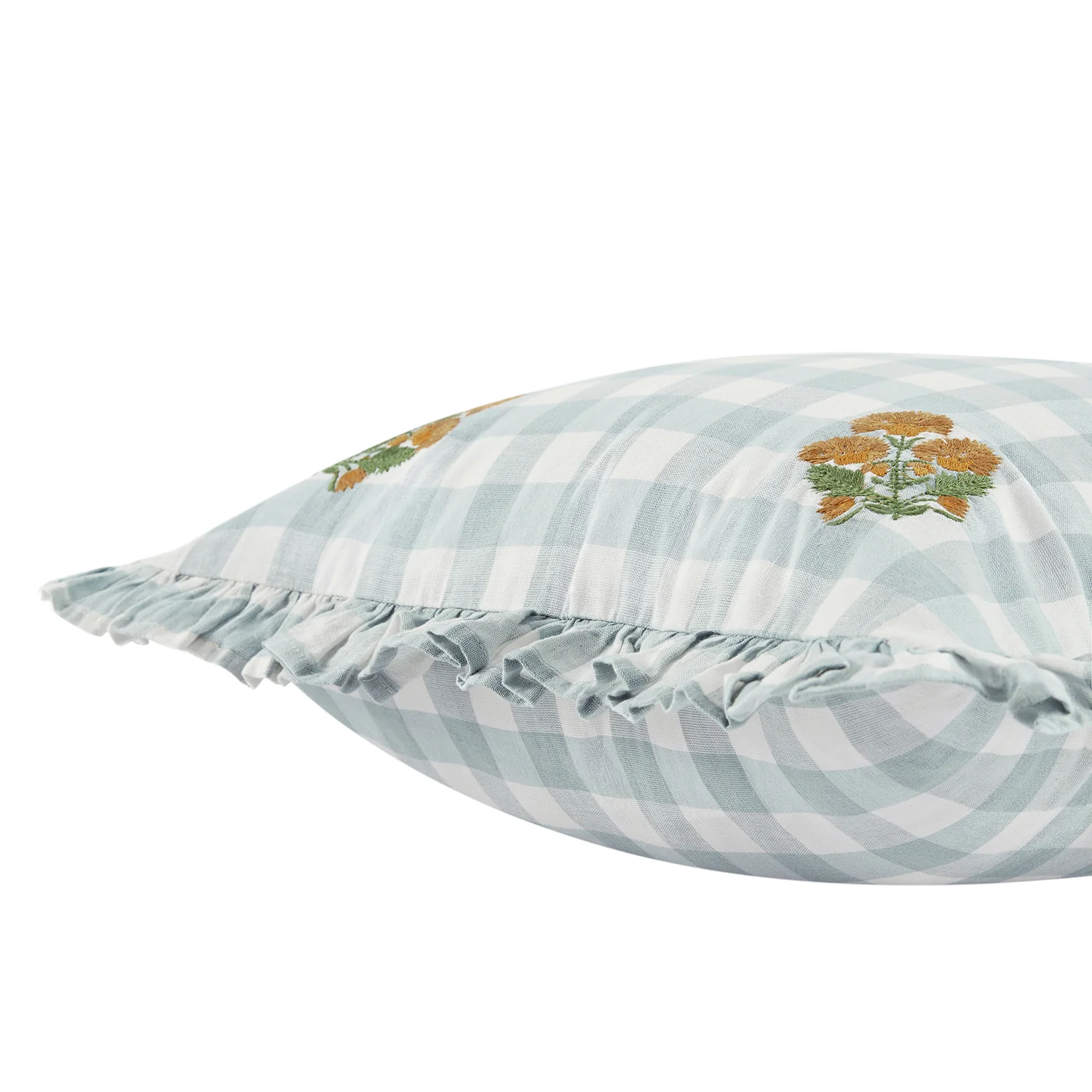 Matilda Blue Gingham Ruffle Floral Embroidered Linen Blend Cushion - Image 3