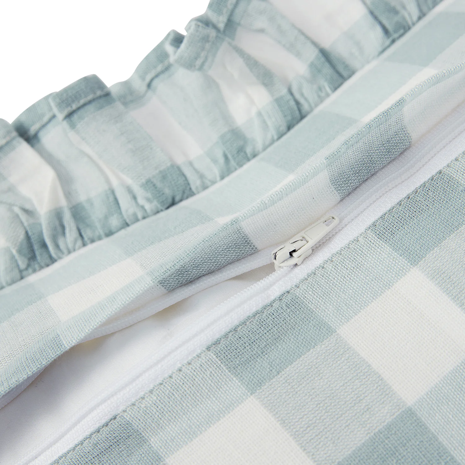 Matilda Blue Gingham Ruffle Floral Embroidered Linen Blend Cushion - Image 5