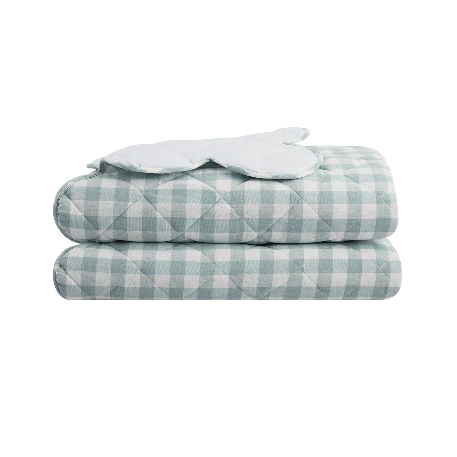 Matilda Blue Gingham Scallop Quilted Linen Blend Bedspread - Image 2