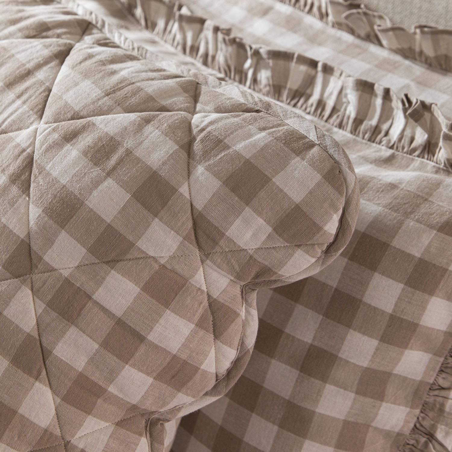 Matilda Beige Gingham Scallop Quilted Linen Blend Continental Square Pillowcases - Pair - Image 3