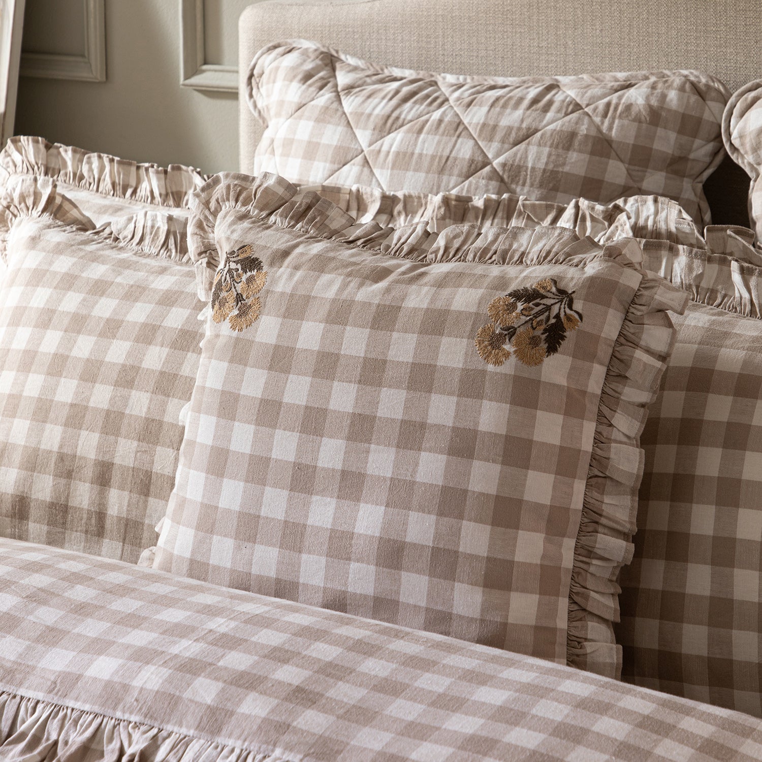 Matilda Beige Gingham Ruffle Floral Embroidered Linen Blend Cushion - Image 2